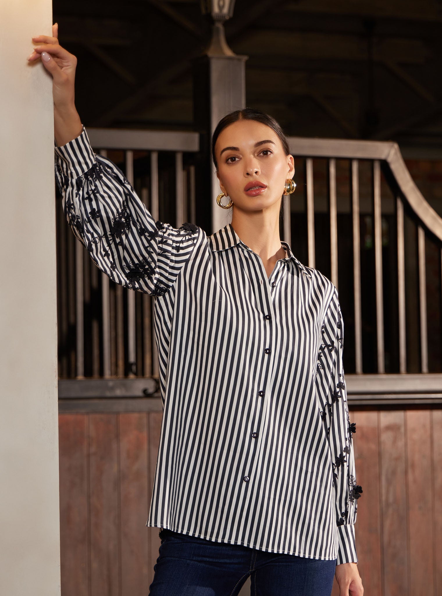Astraea Pima Stripe Printed Black Shirt