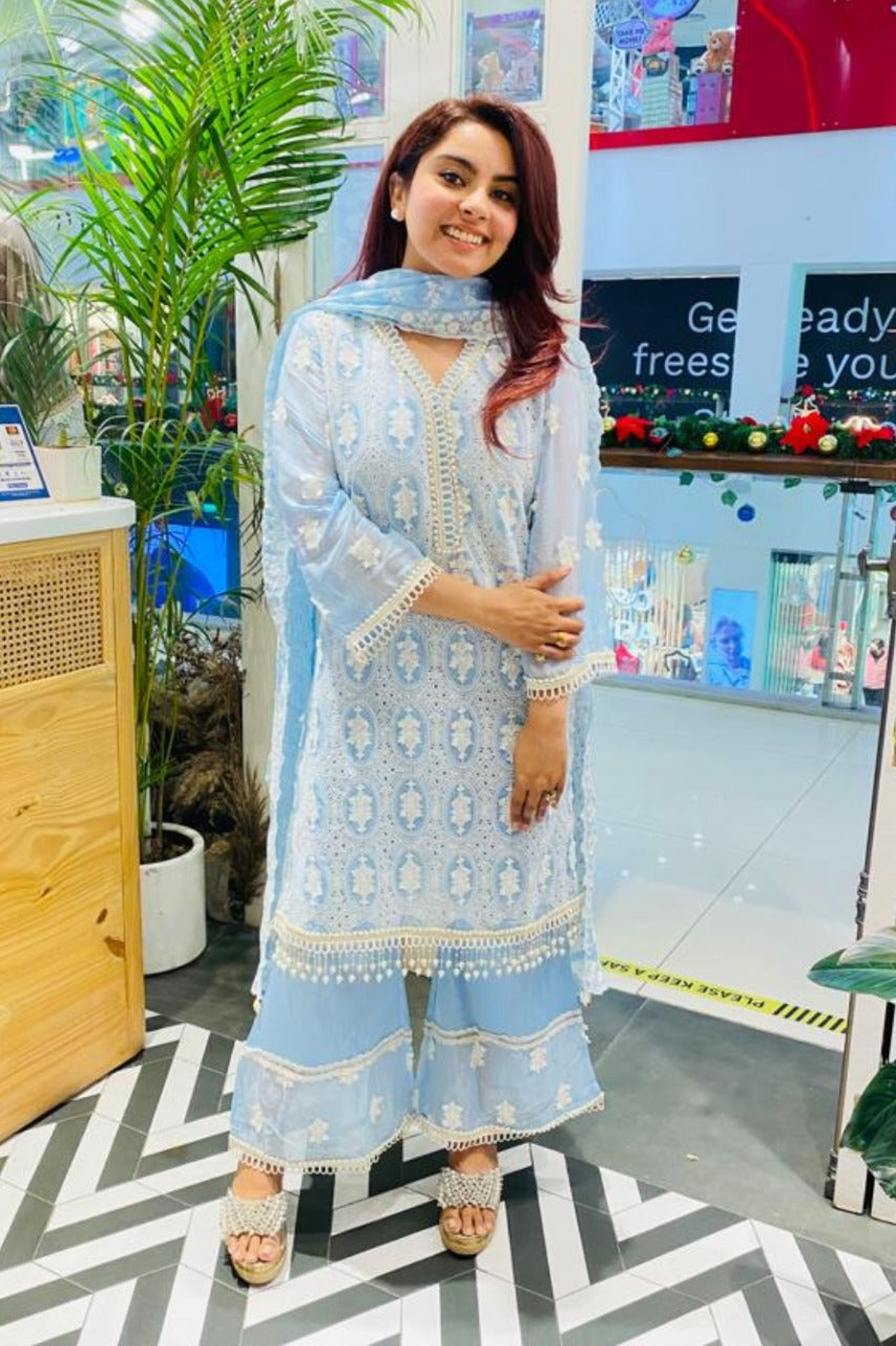 Savannah Tencel Luxe Organza Blue Kurta Set