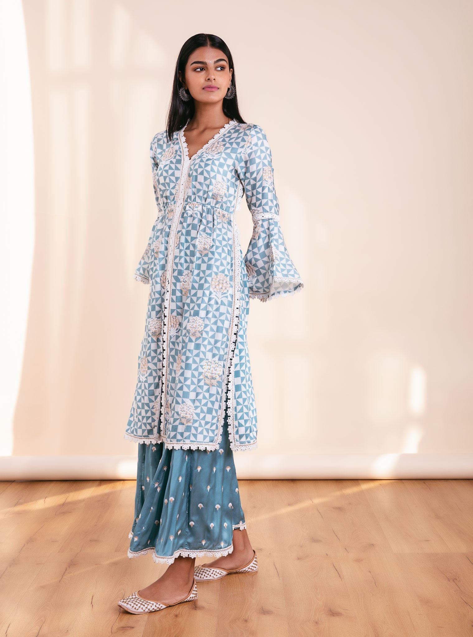 Zaya Cupro Silk Teal Kurta Set