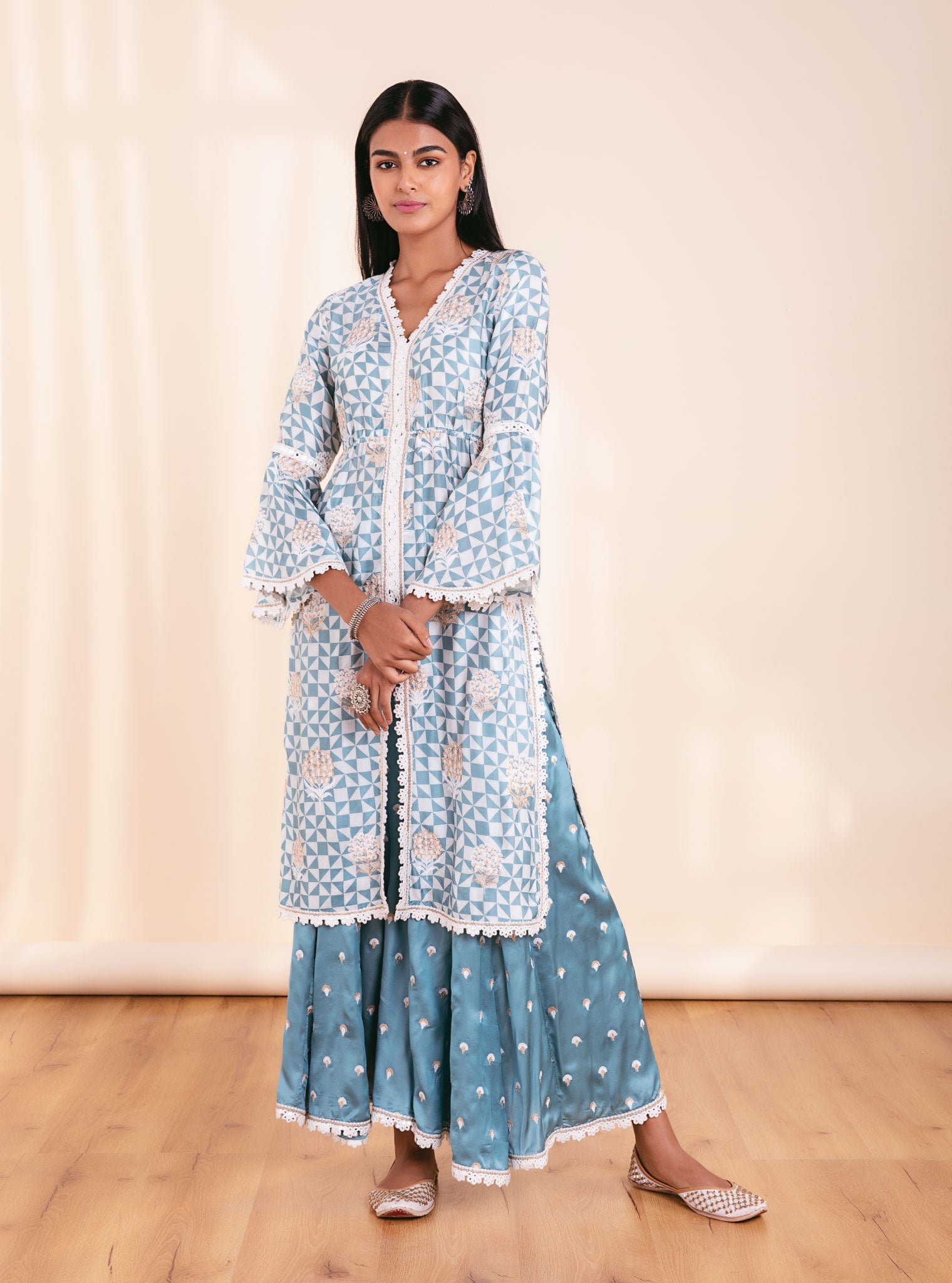 Zaya Cupro Silk Teal Kurta Set