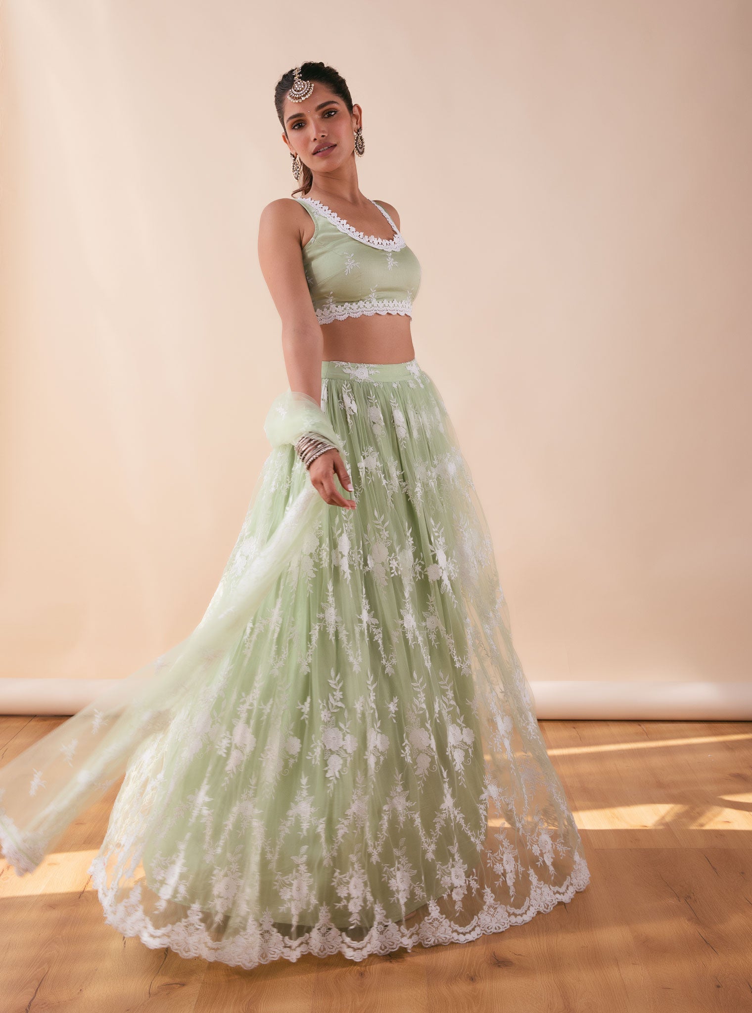 Almora Green Net Lehenga Set