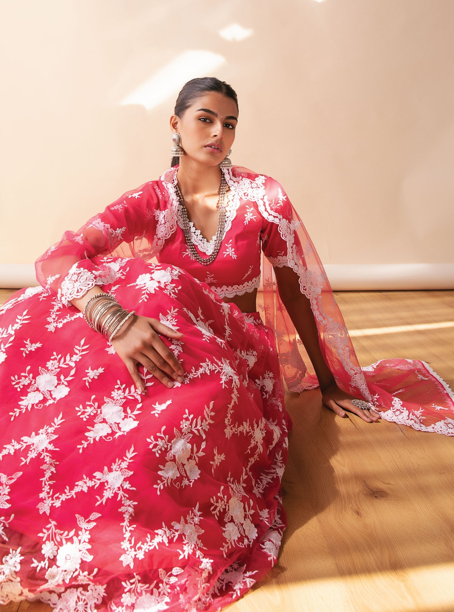 Almora Net Red Lehenga