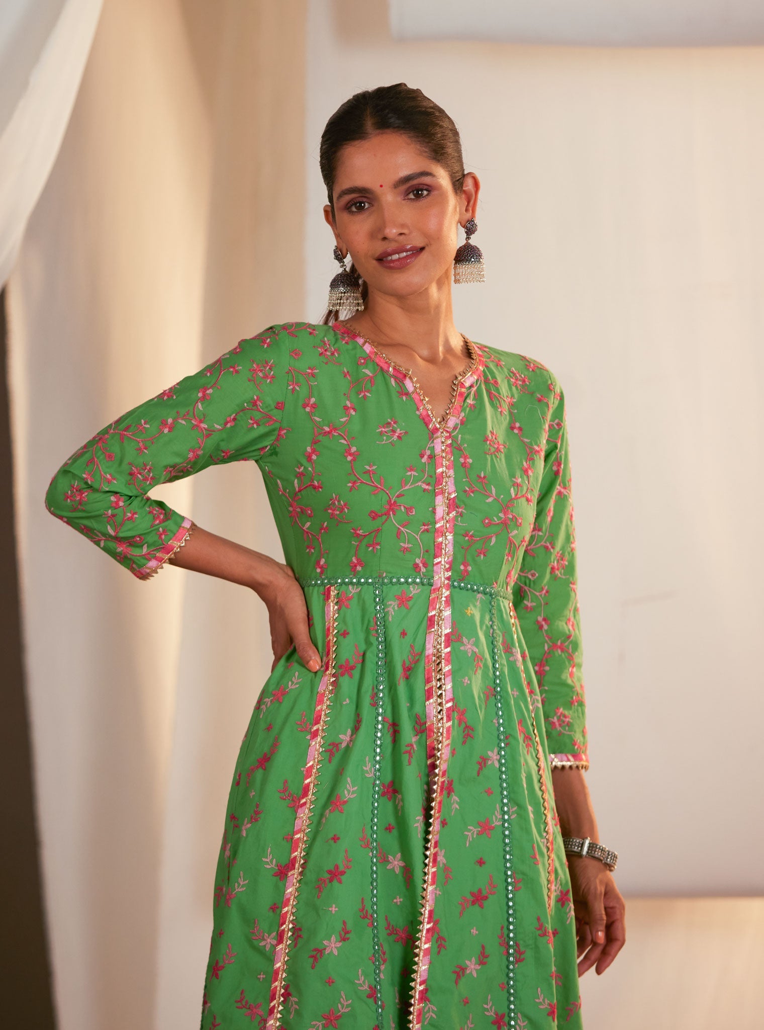 Ayla Supima Cotton Green Anarkali Kurta Set