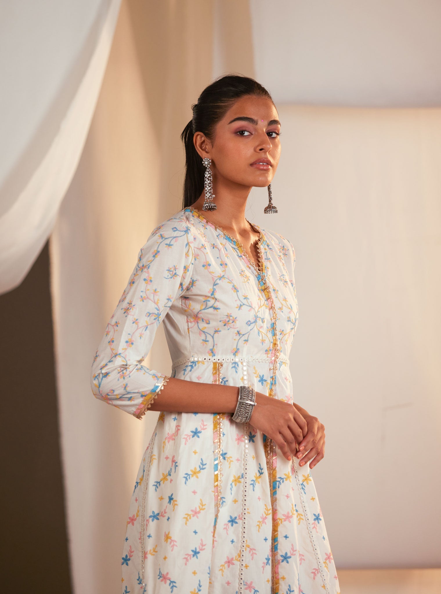 Ayla Supima Cotton Off White Anarkali Kurta Set