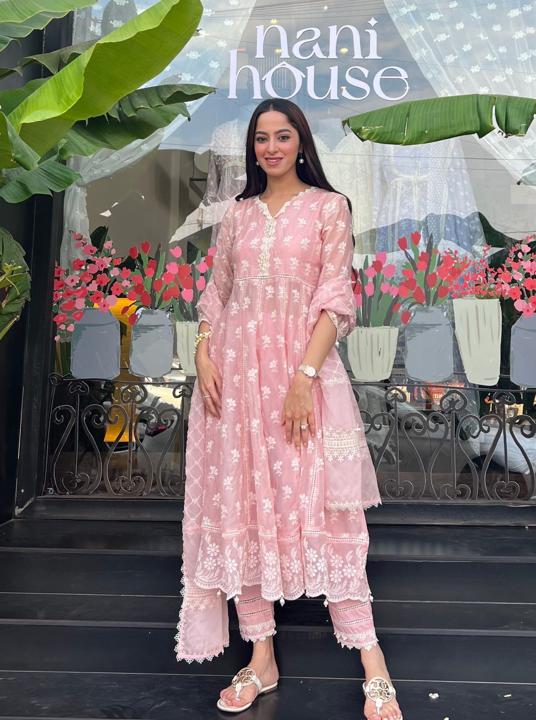 Surla Organza Pink Anarkali Kurta Set
