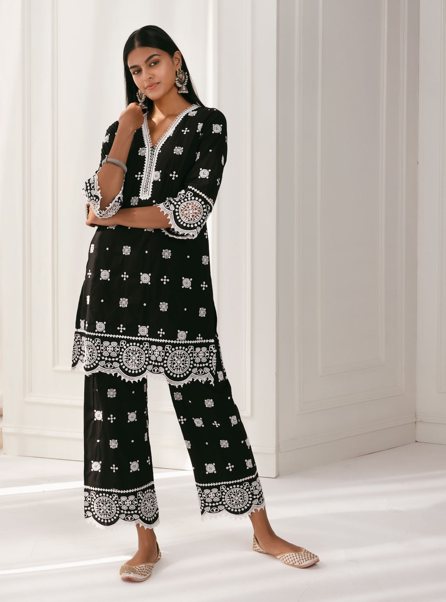 Leh Supima Cotton Black Kurta with Palazzo Set