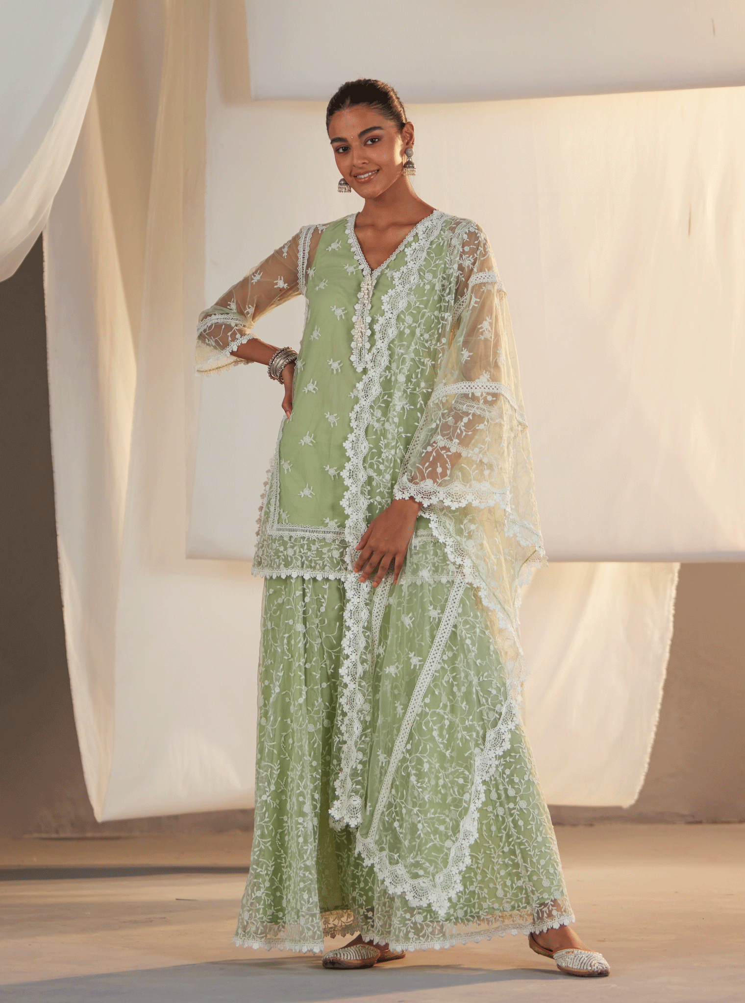 Odyssey Net Green Kurta with Sharara Set