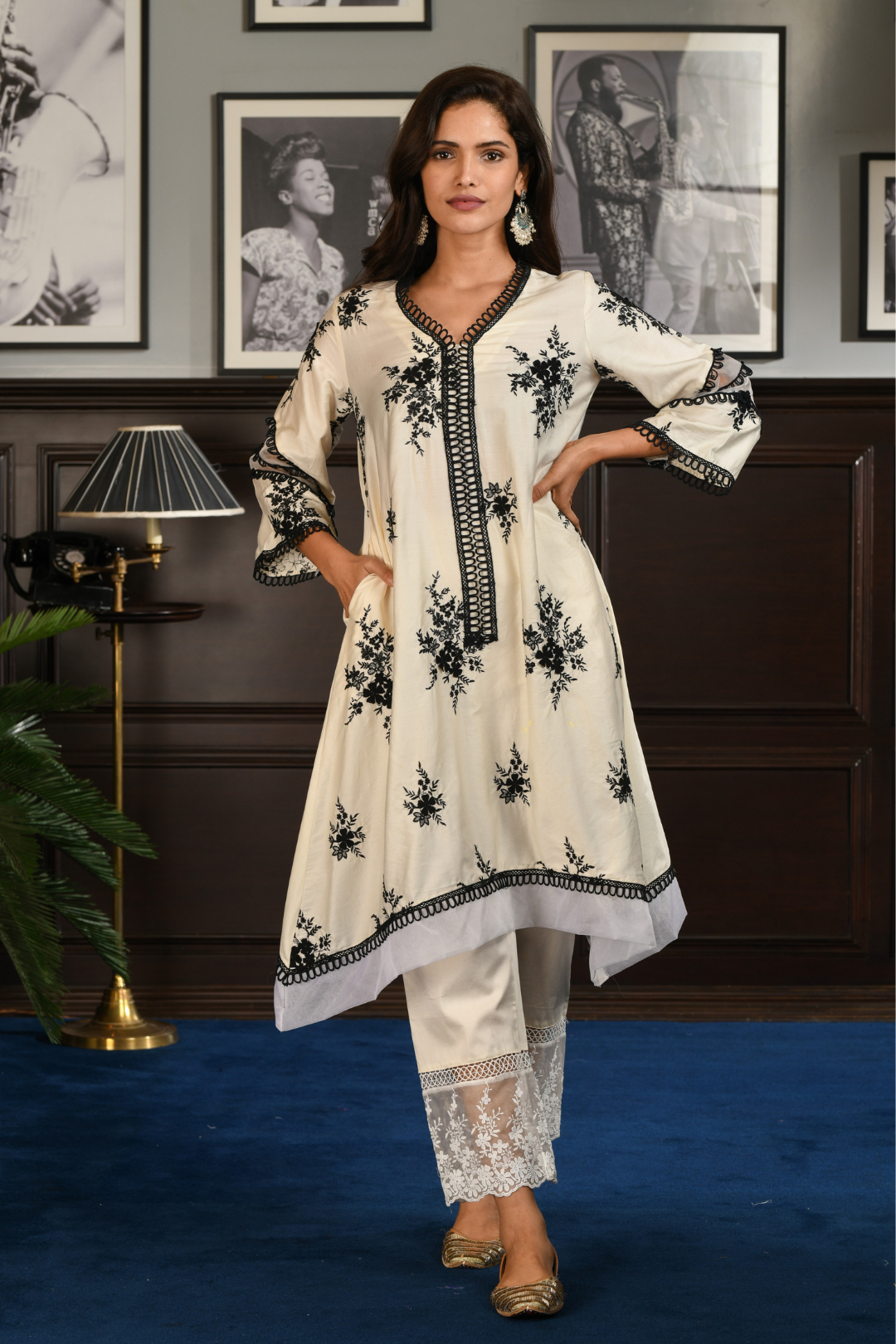 Mulmul Pima Satin Gail White Kurta With Gail White Pant