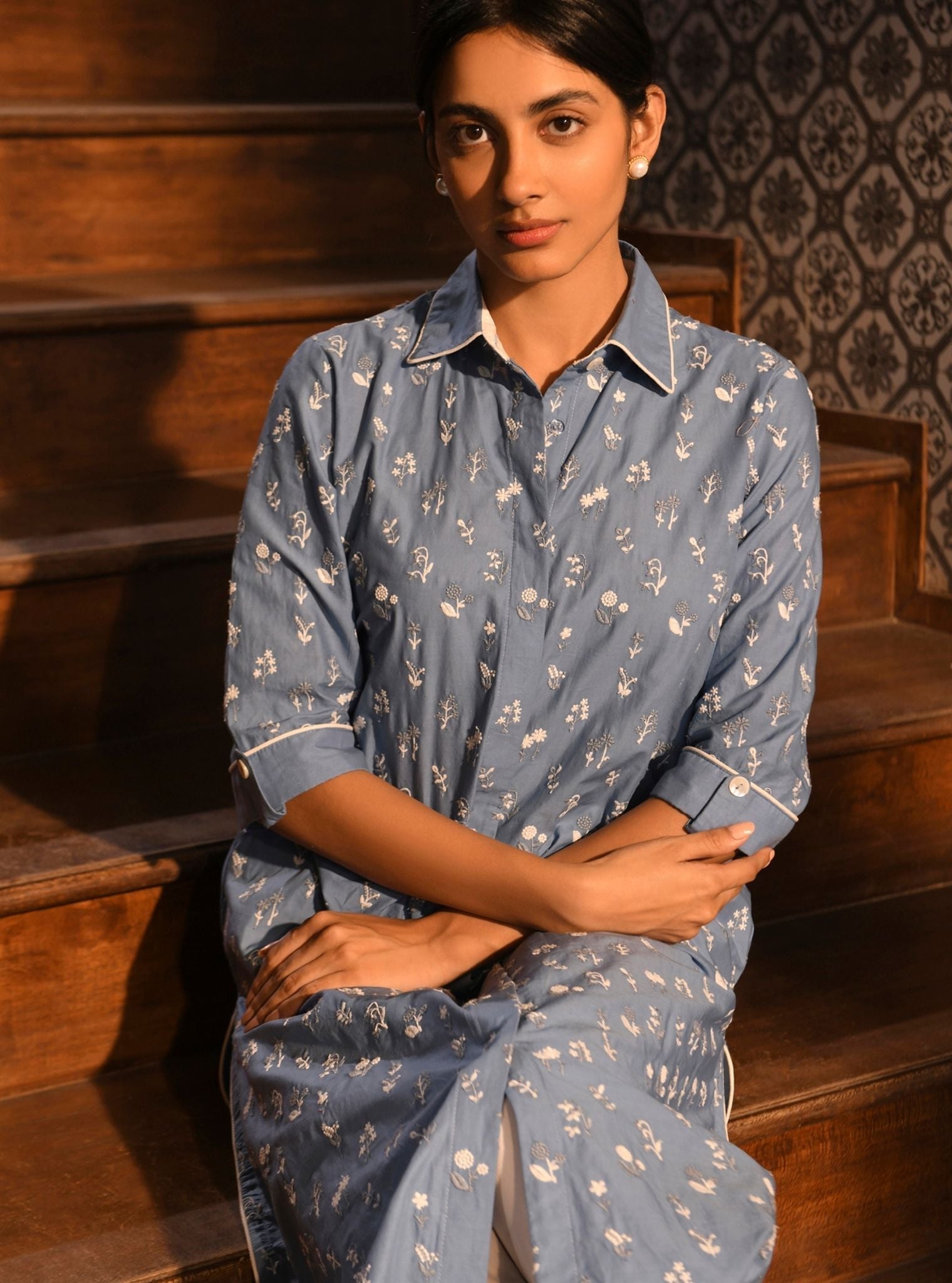 Mahin Supima Cotton Blue Kurta With High Side Slit Pant