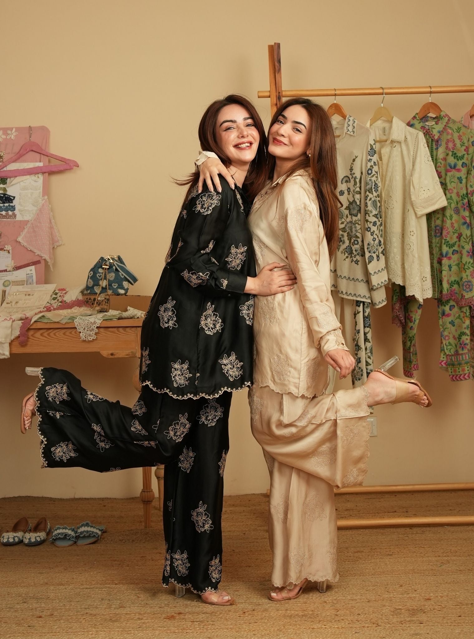 Mireille Cupro Satin Beige Shirt & Pant Set