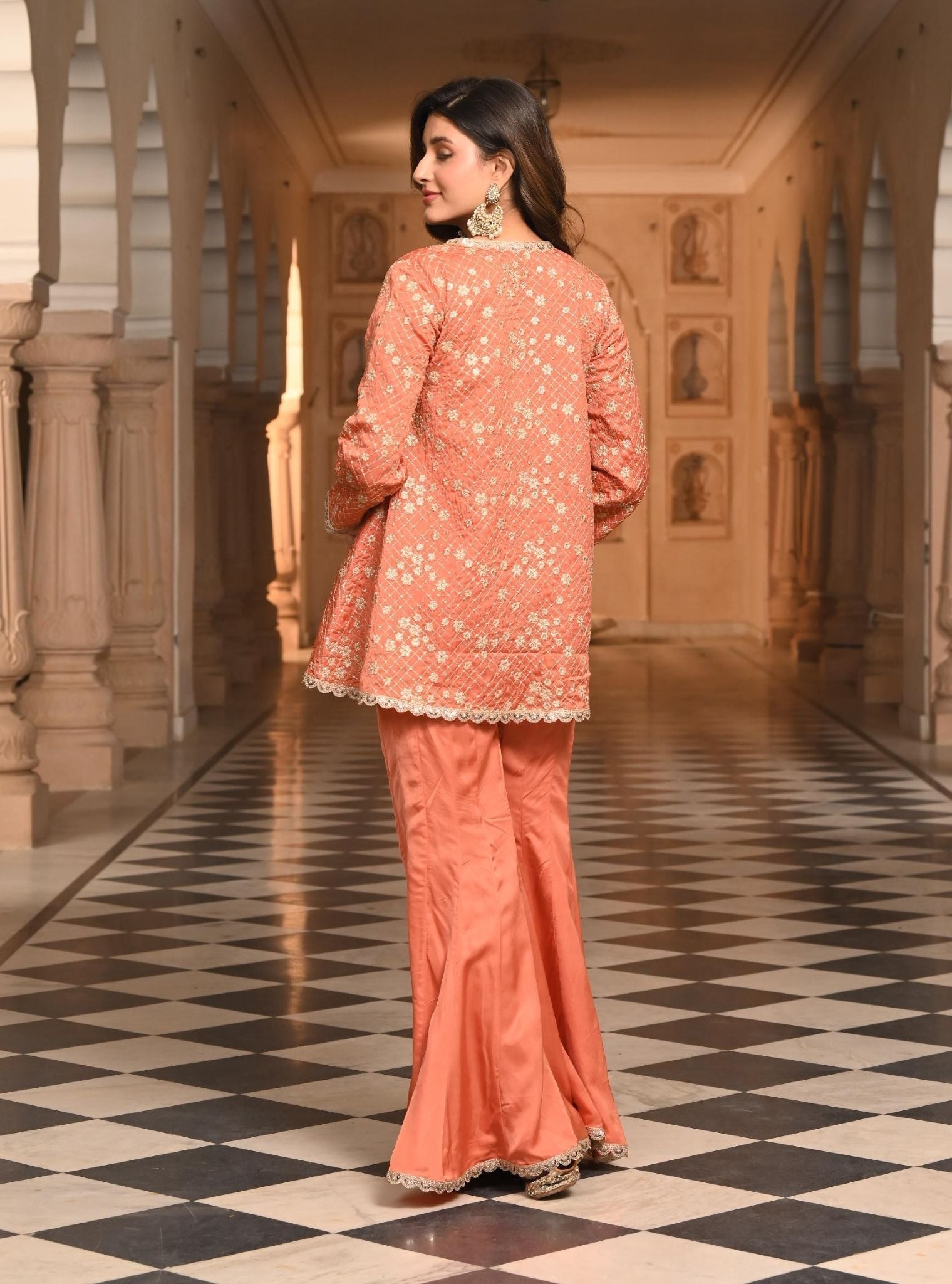 Afreen Organza Satin Burnt Orange Top with Sharara Set