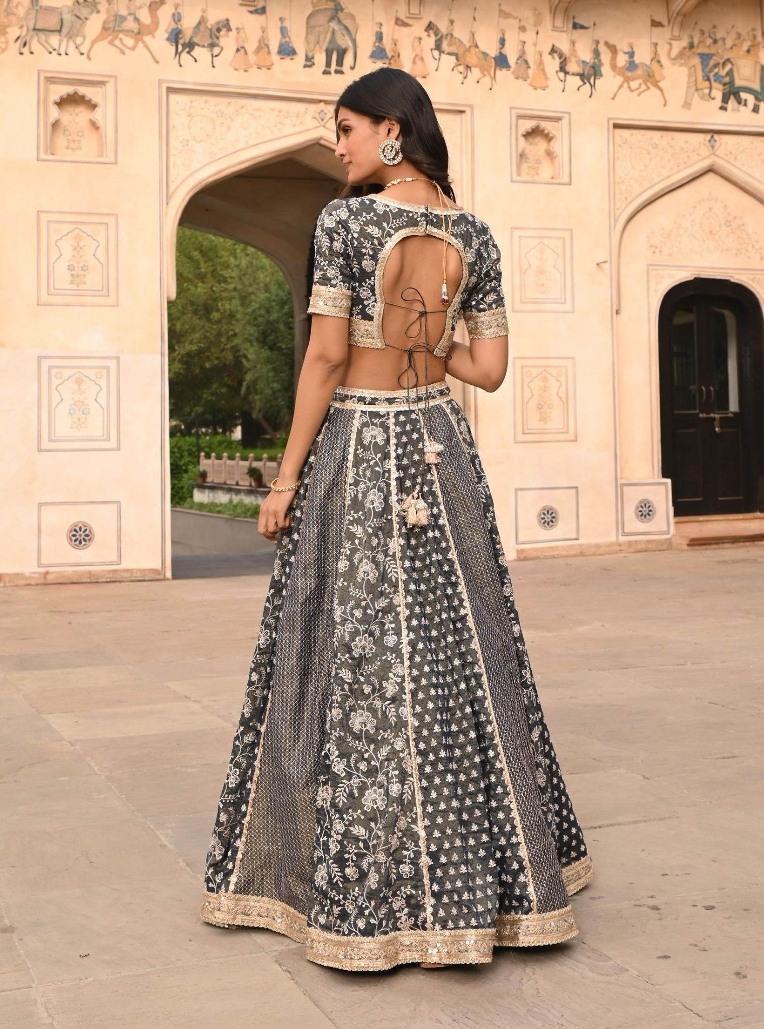 Deewani Luxe Tissue Satin Navy Lehenga