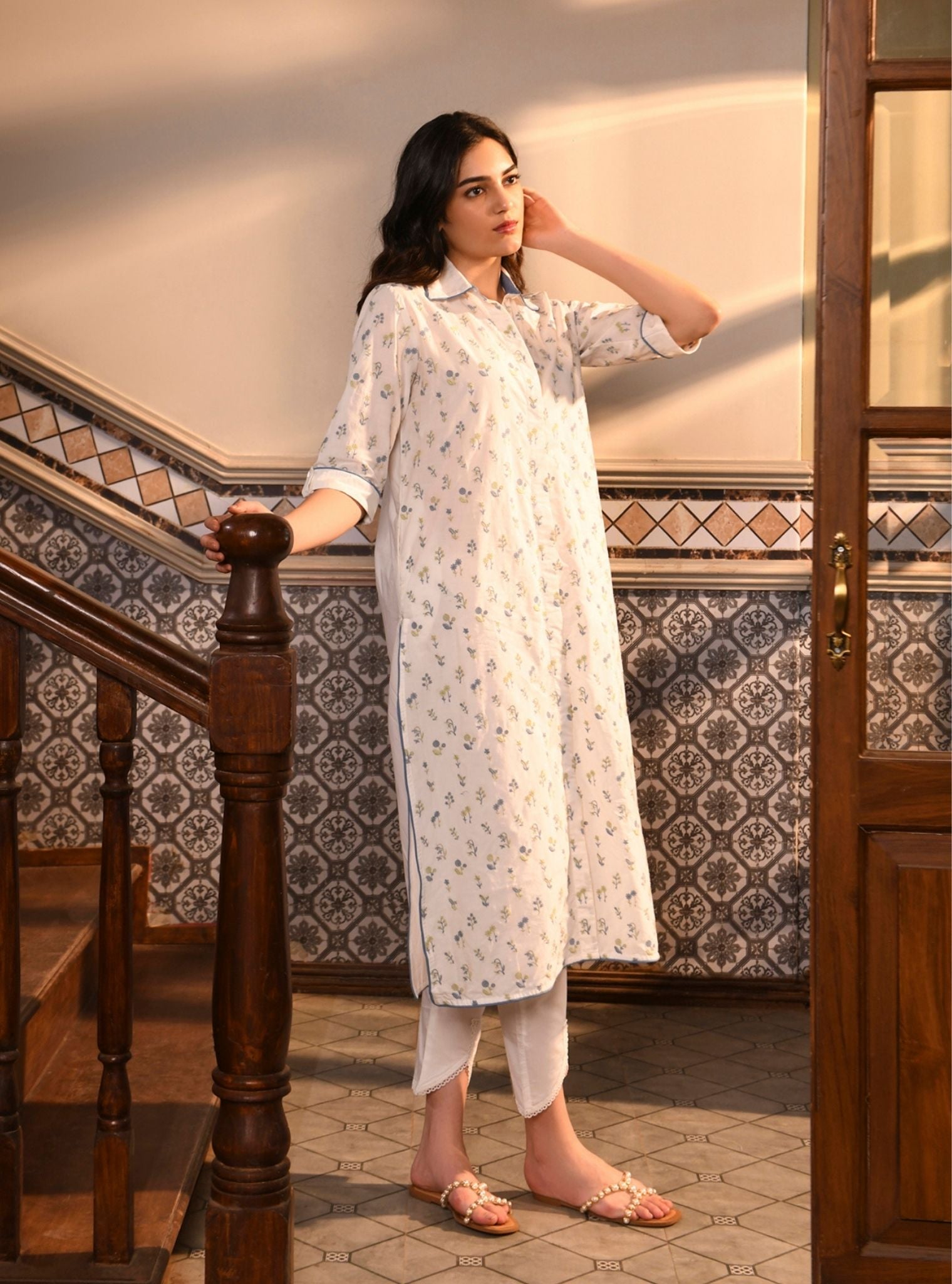 Mahin Supima Cotton White Kurta With Inverted V Hem Pant