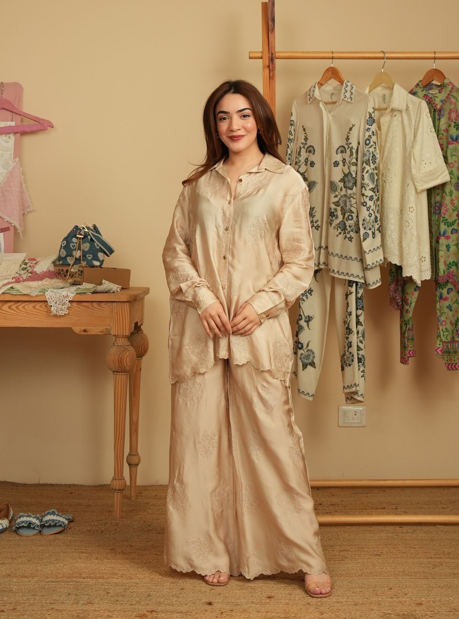 Mireille Cupro Satin Beige Shirt & Pant Set