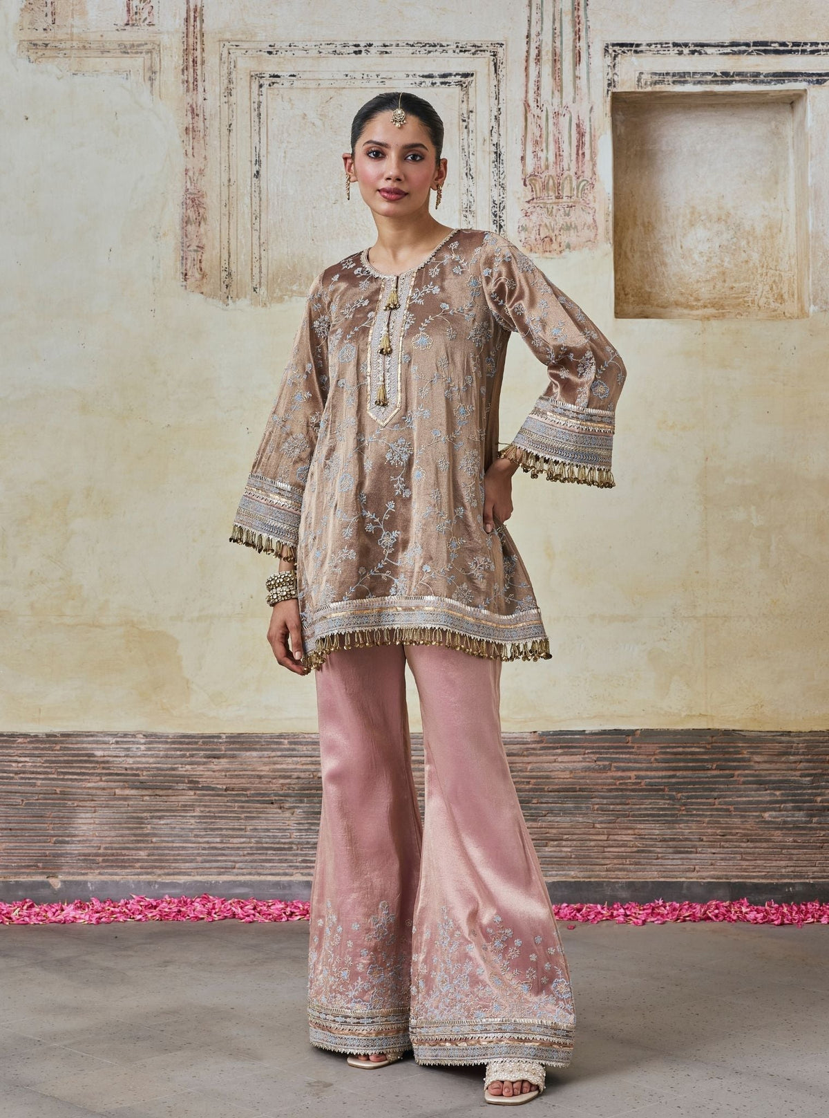 Odhira Tissue Organza Brown & Pink Kurta Set