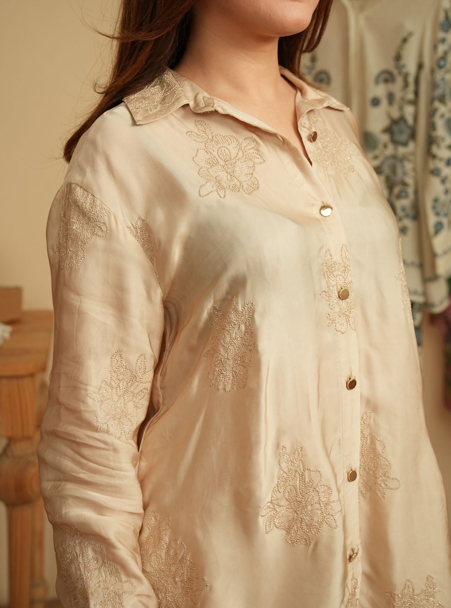 Mireille Cupro Satin Beige Shirt & Pant Set