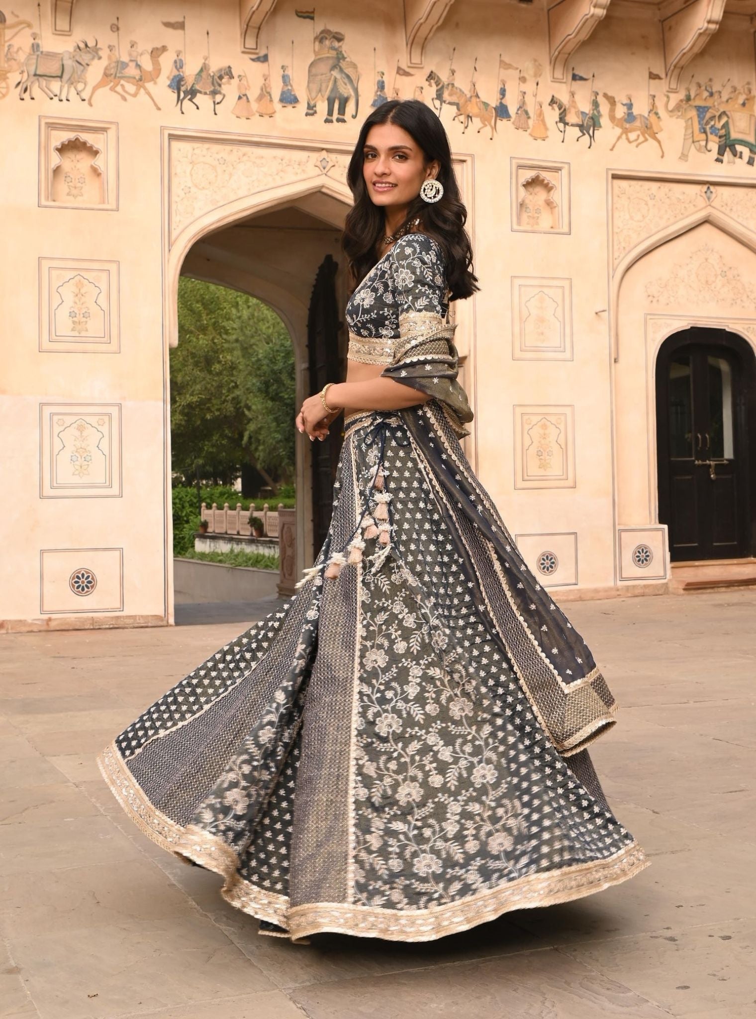 Deewani Luxe Tissue Satin Navy Lehenga
