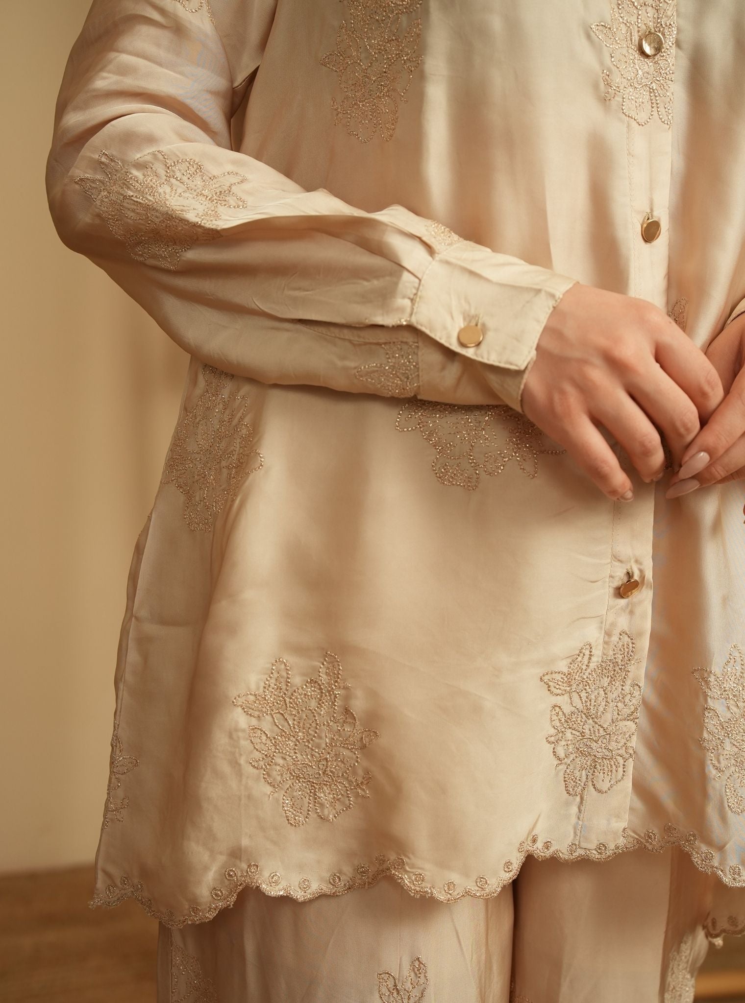 Mireille Cupro Satin Beige Shirt & Pant Set