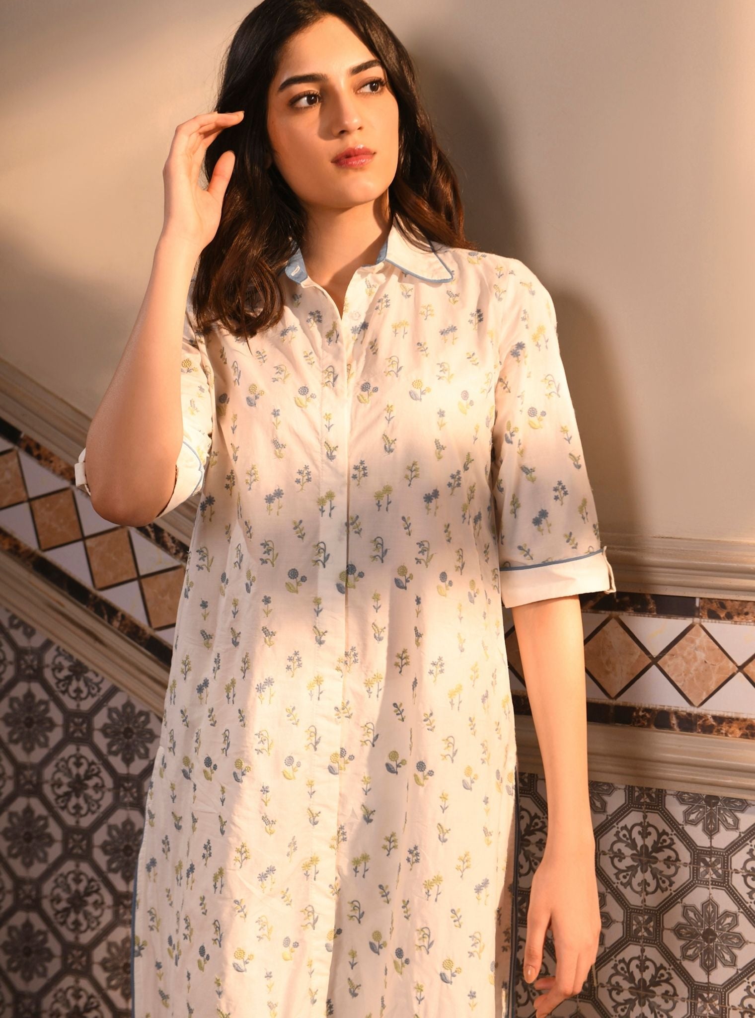 Mahin Supima Cotton White Kurta With Inverted V Hem Pant
