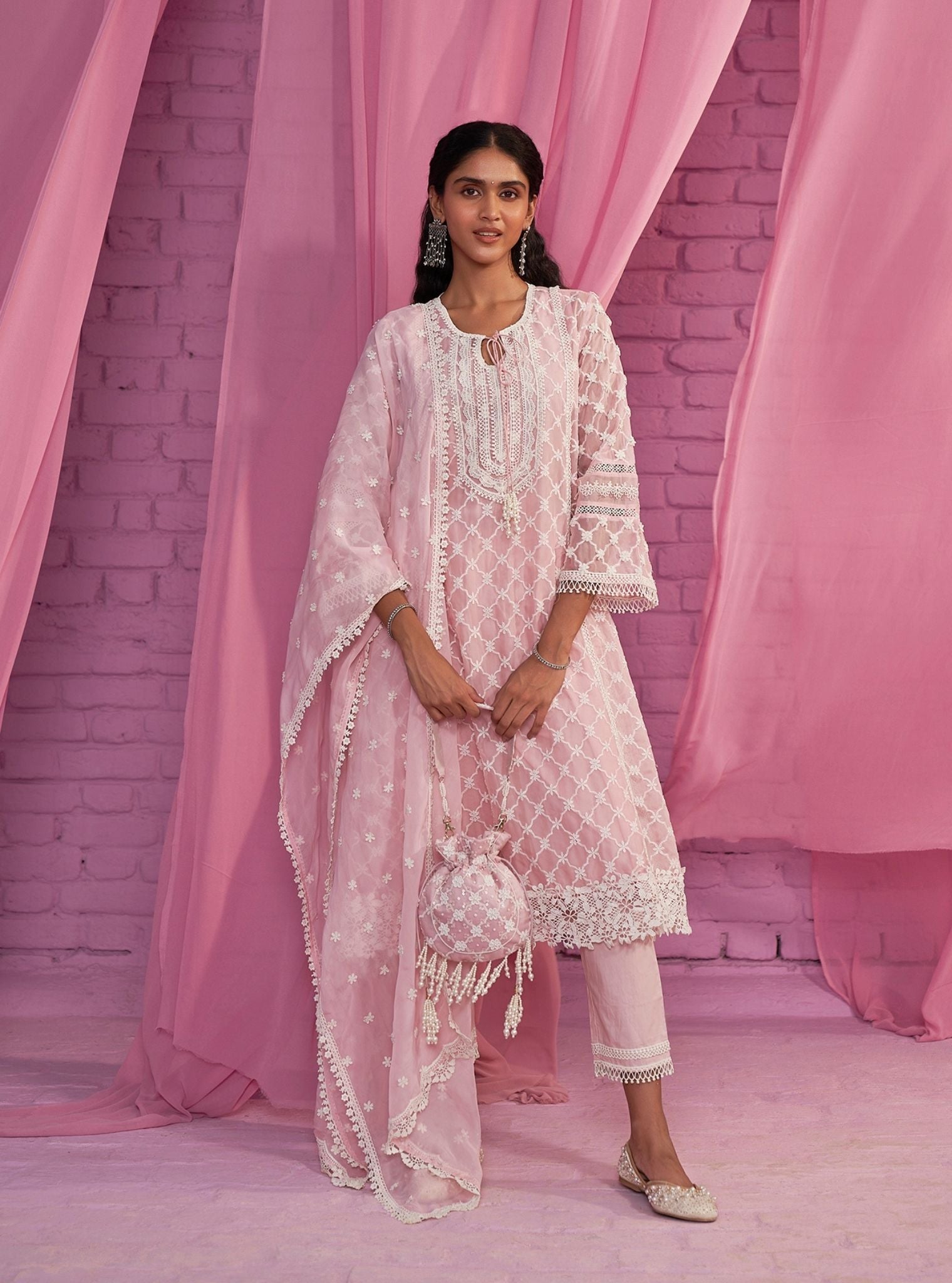 Percy Organza Pink Anarkali Kurta Set