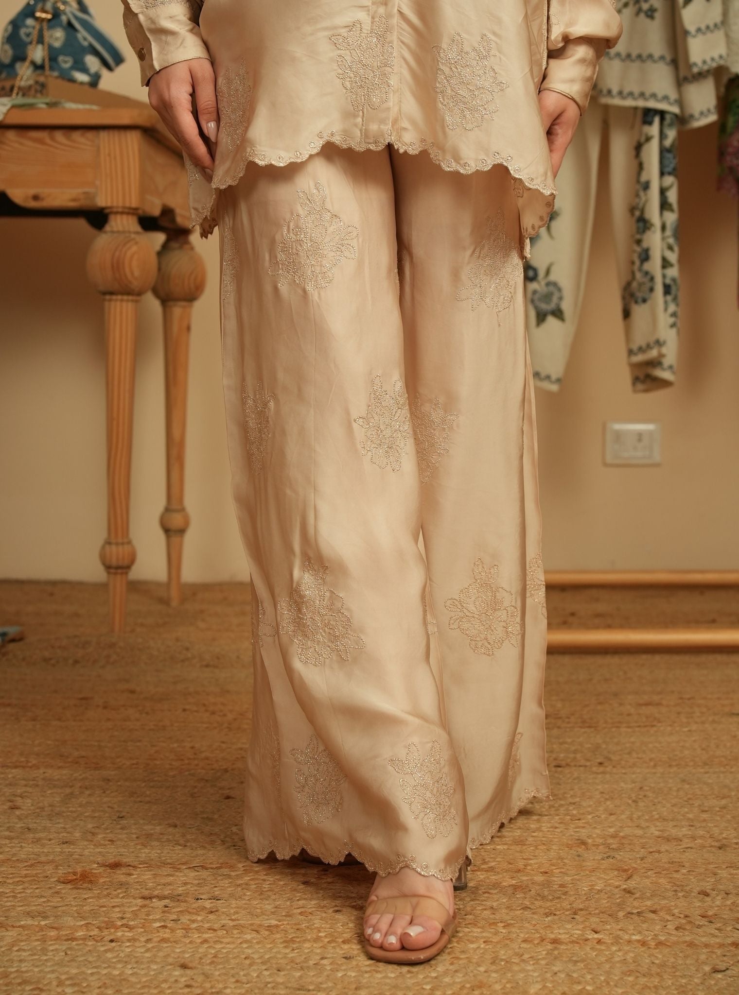 Mireille Cupro Satin Beige Shirt & Pant Set