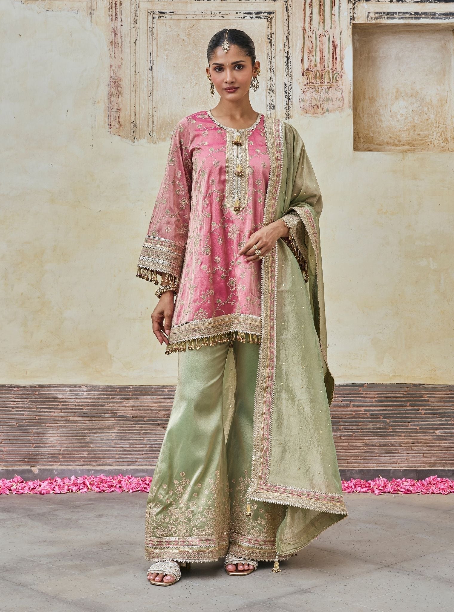 Odhira Tissue Organza Fuchsia & Green Sharara Set