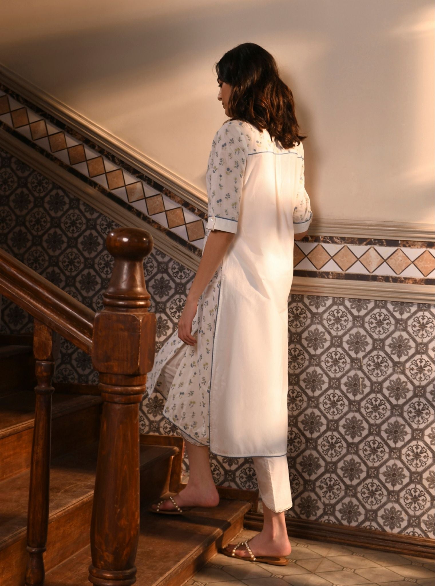 Mahin Supima Cotton White Kurta With Inverted V Hem Pant