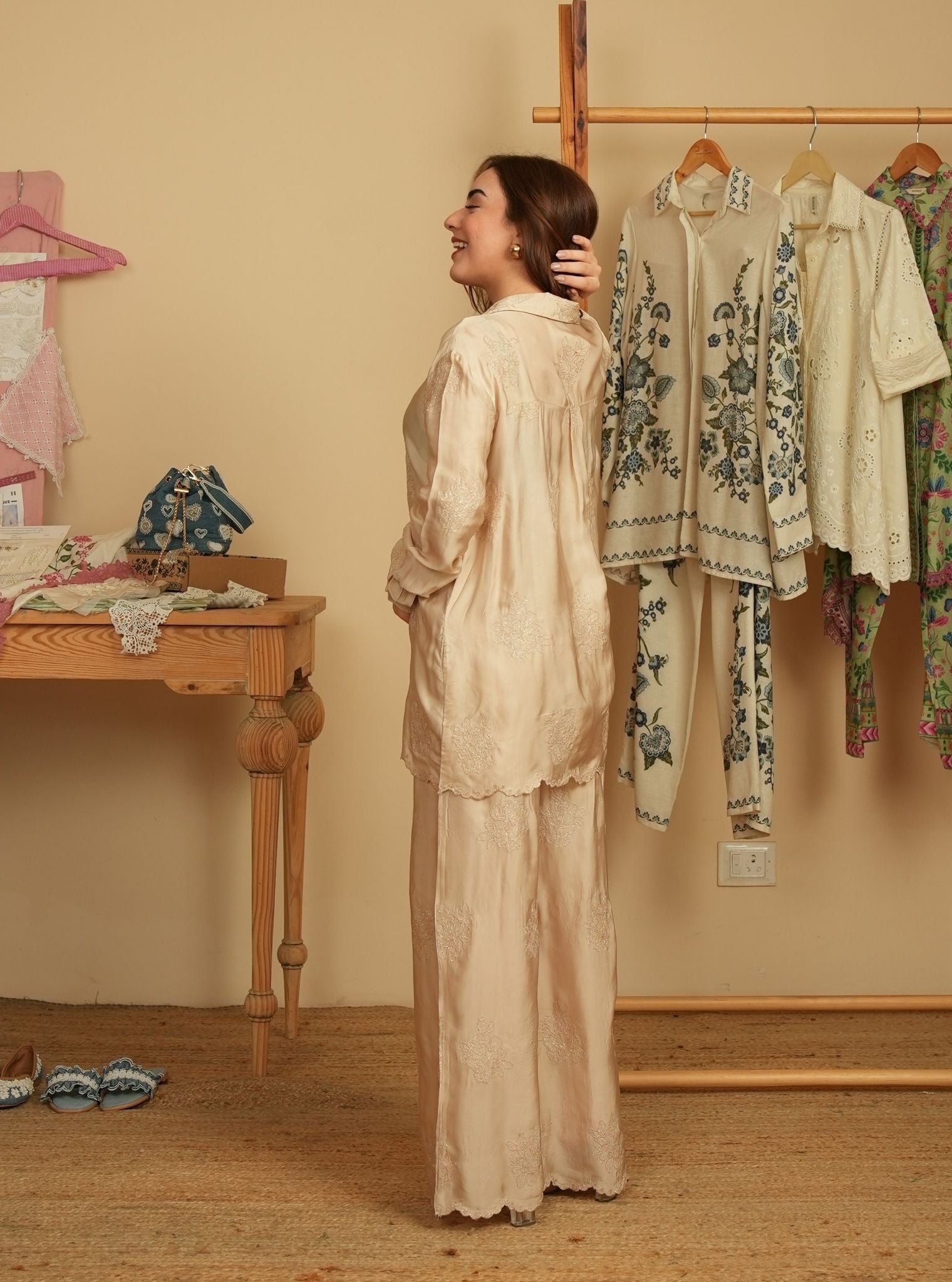 Mireille Cupro Satin Beige Shirt & Pant Set