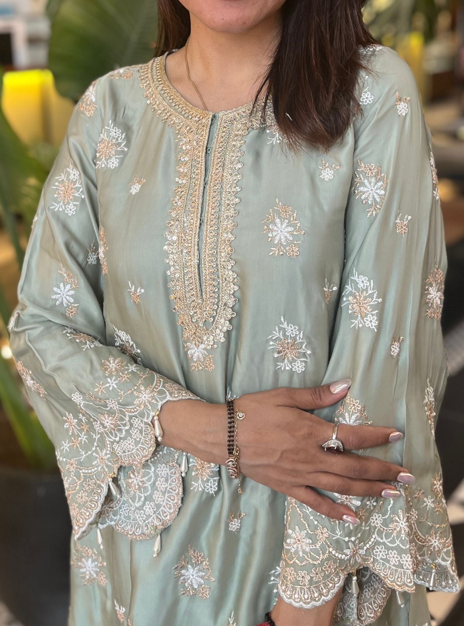 Kangna Cupro Satin Sage Green Kurta Set