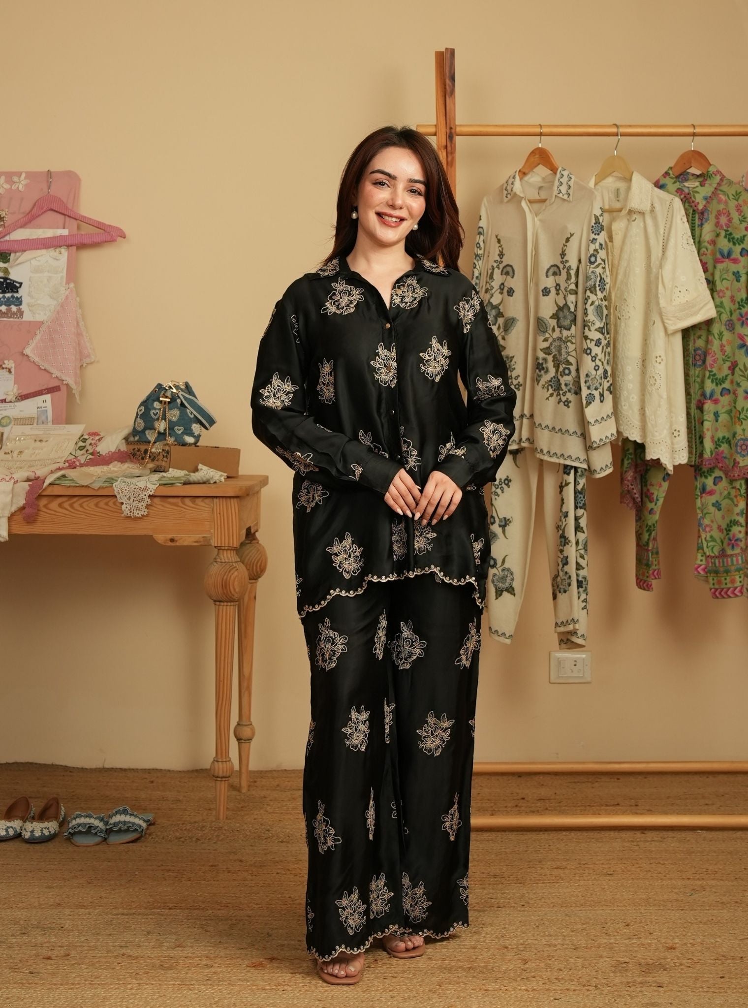 Mireille Cupro Satin Black Shirt & Pant Set