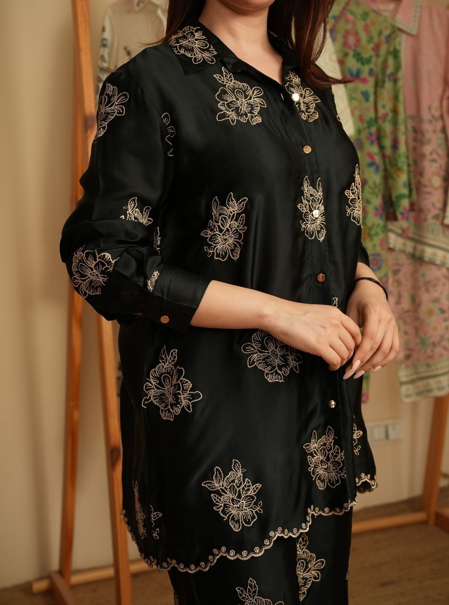 Mireille Cupro Satin Black Shirt & Pant Set