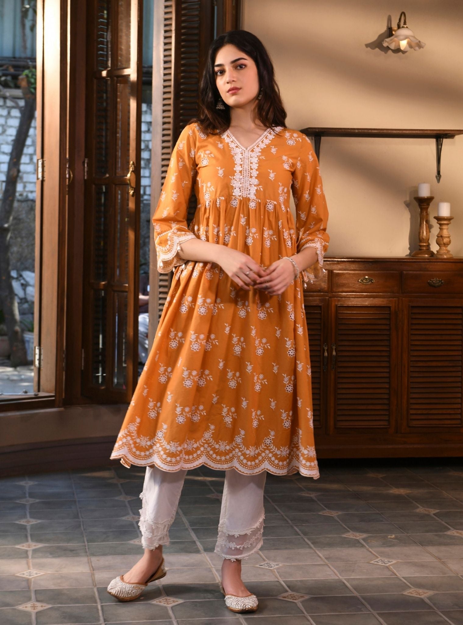 Afarin Supima Cotton Orange Anarkali Kurta Set