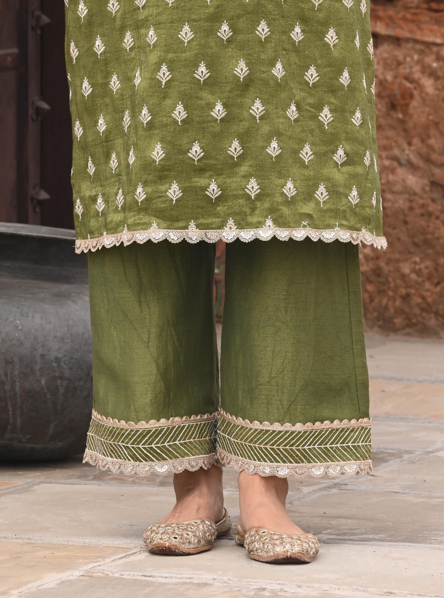 Dholna Luxe Tissue Satin Moss Green Kurta Set