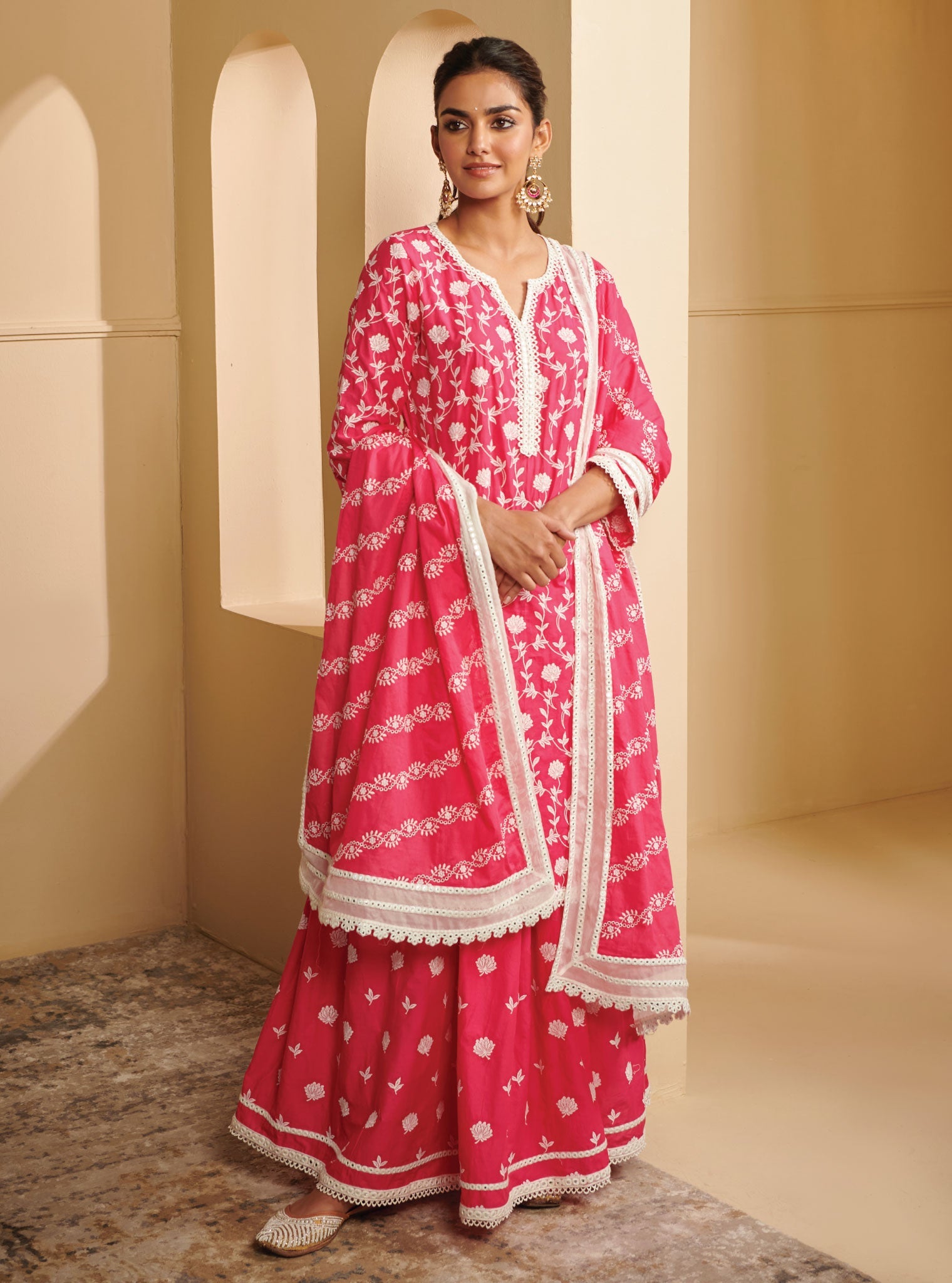 Renisa Supima Cotton Pink Kurta with Skirt Set