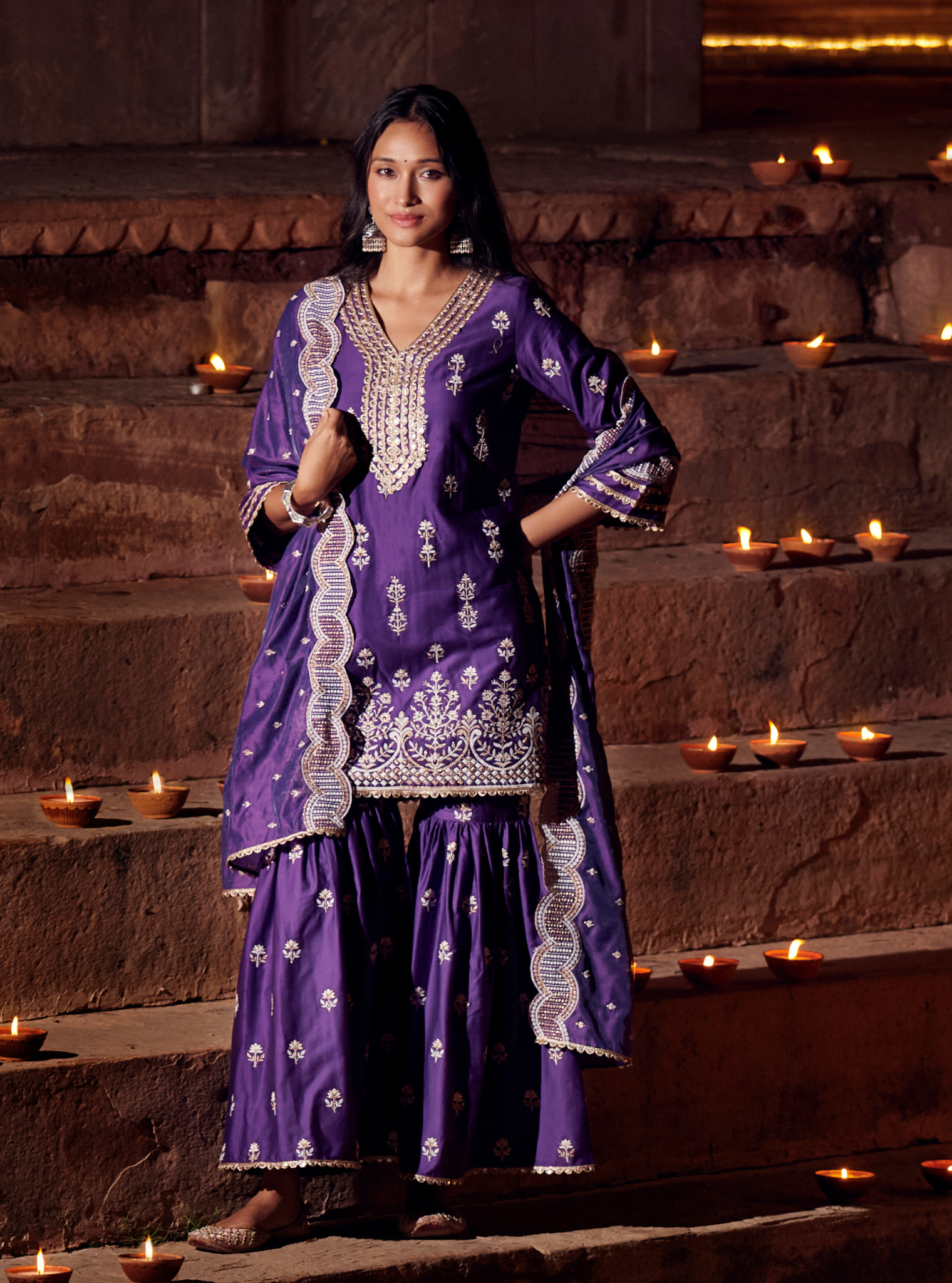 Avathi Pima Satin Purple Kurta with Garara Set