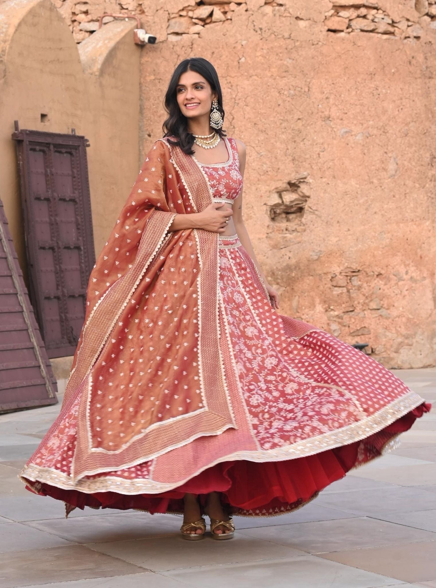 Deewani Luxe Tissue Satin Red Lehenga