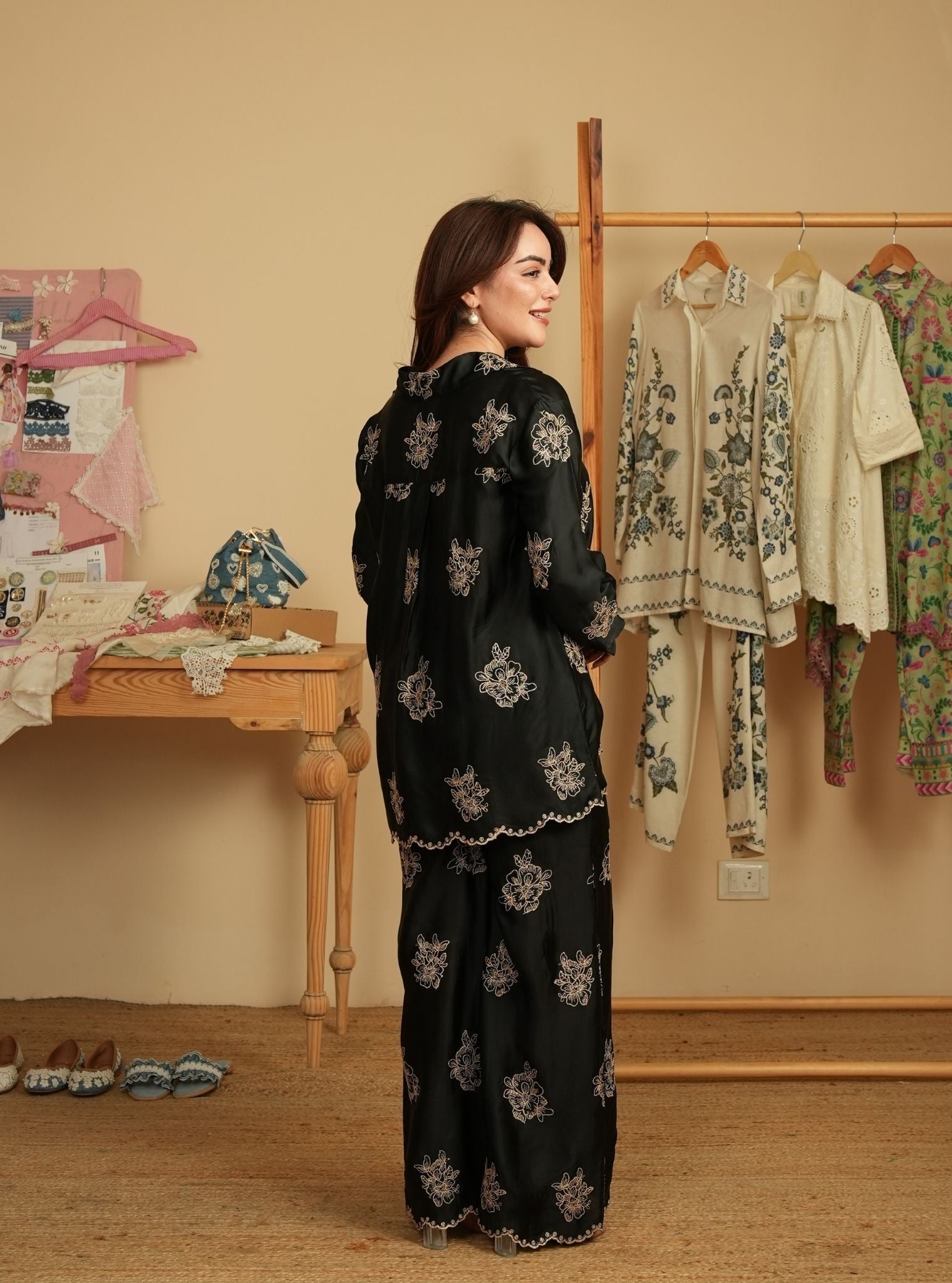 Mireille Cupro Satin Black Shirt & Pant Set