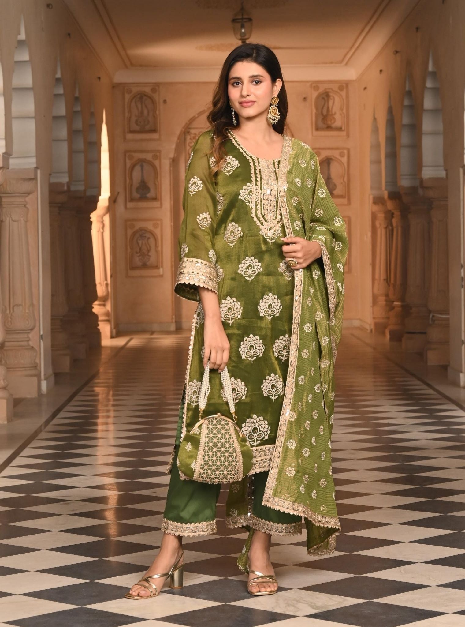 Kasuri Luxe Tissue Moss Green Kurta Set