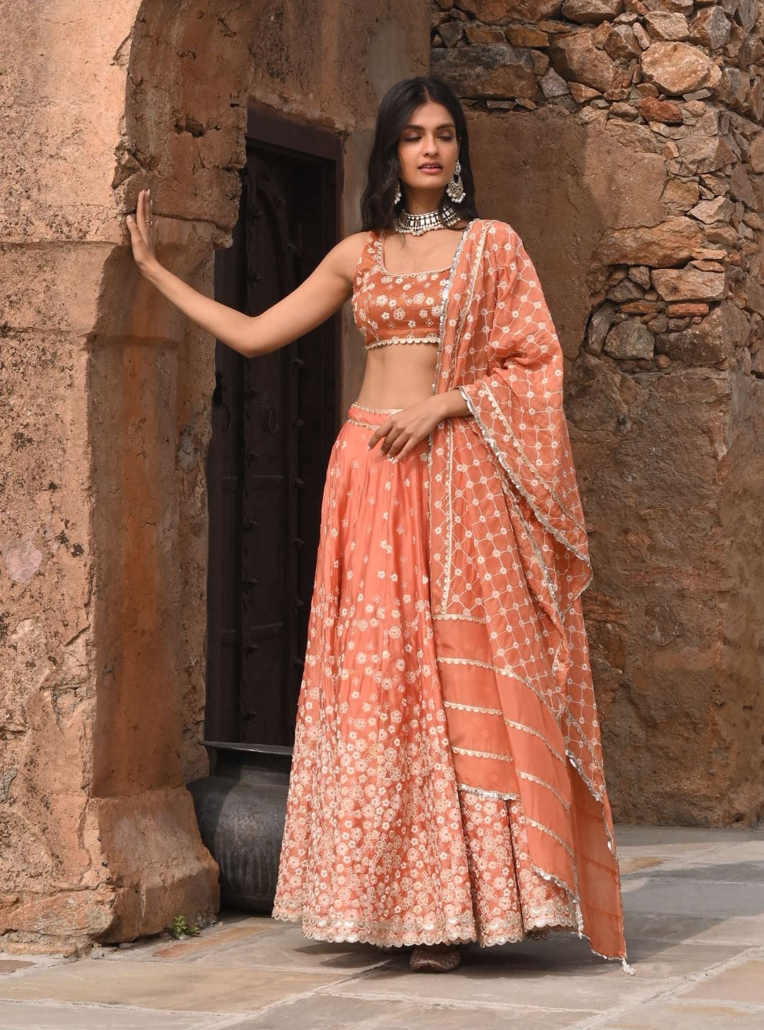 Baliye Organza Satin Burnt Orange Lehenga