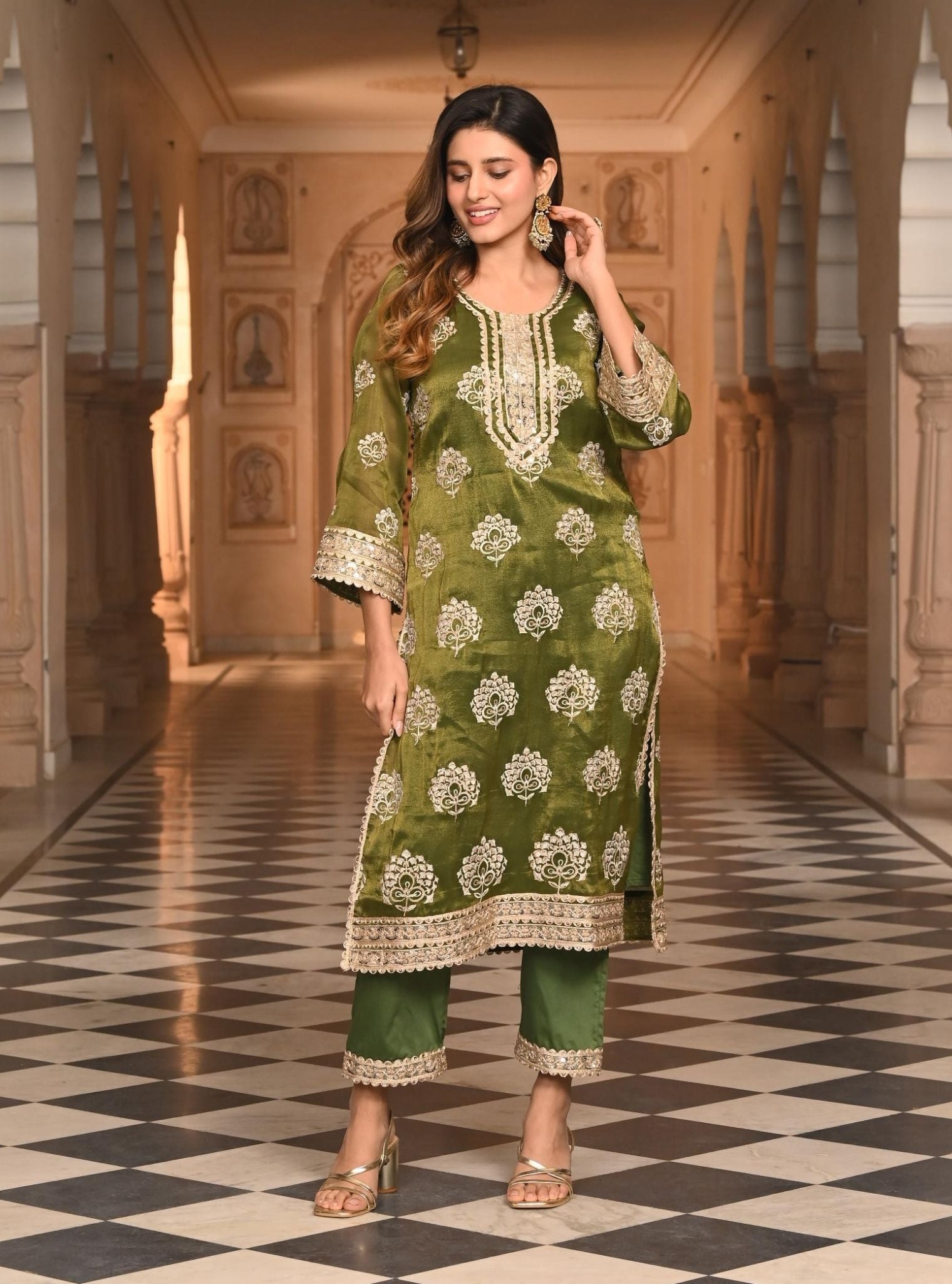 Kasuri Luxe Tissue Moss Green Kurta Set