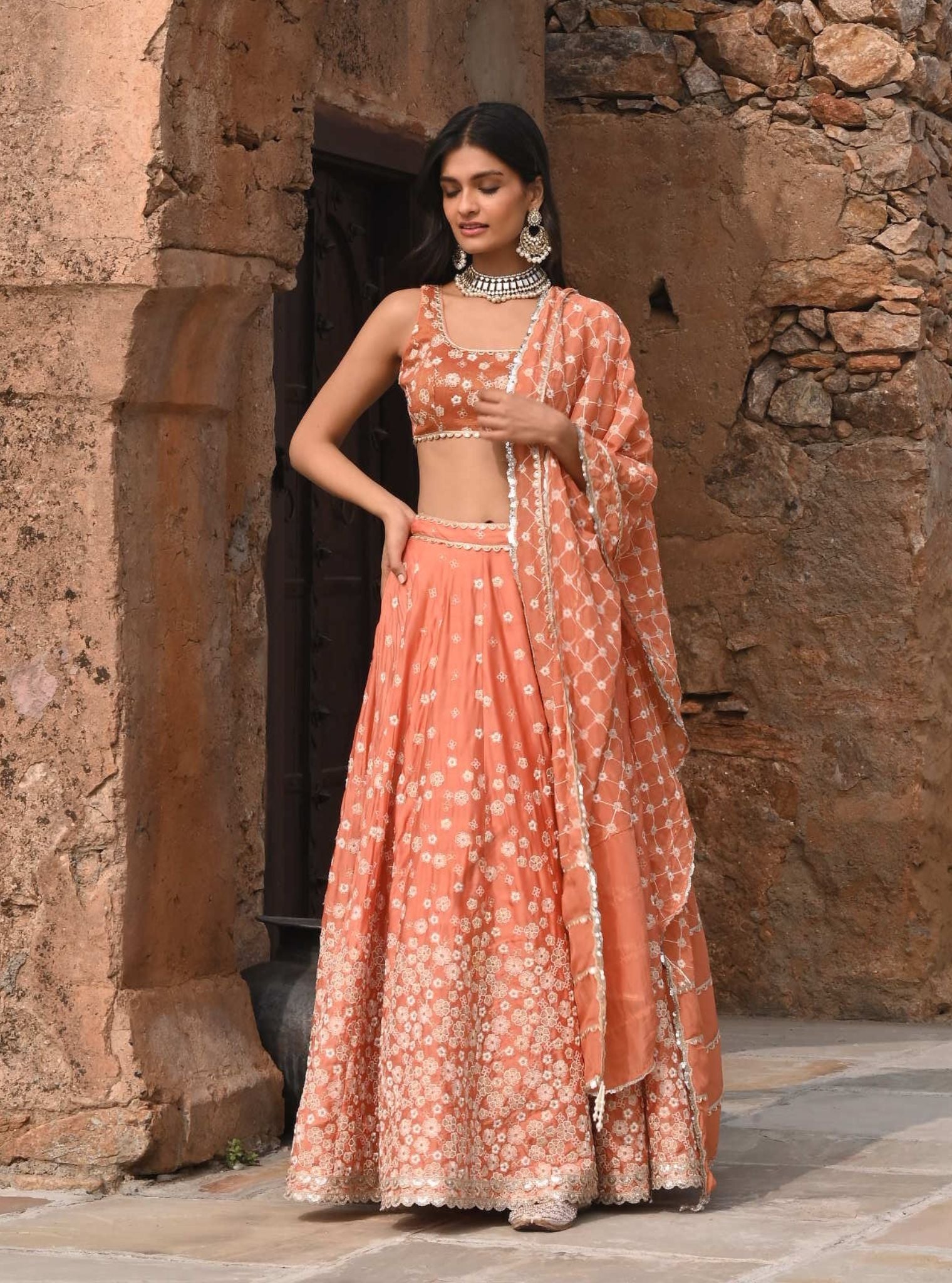 Baliye Organza Satin Burnt Orange Lehenga