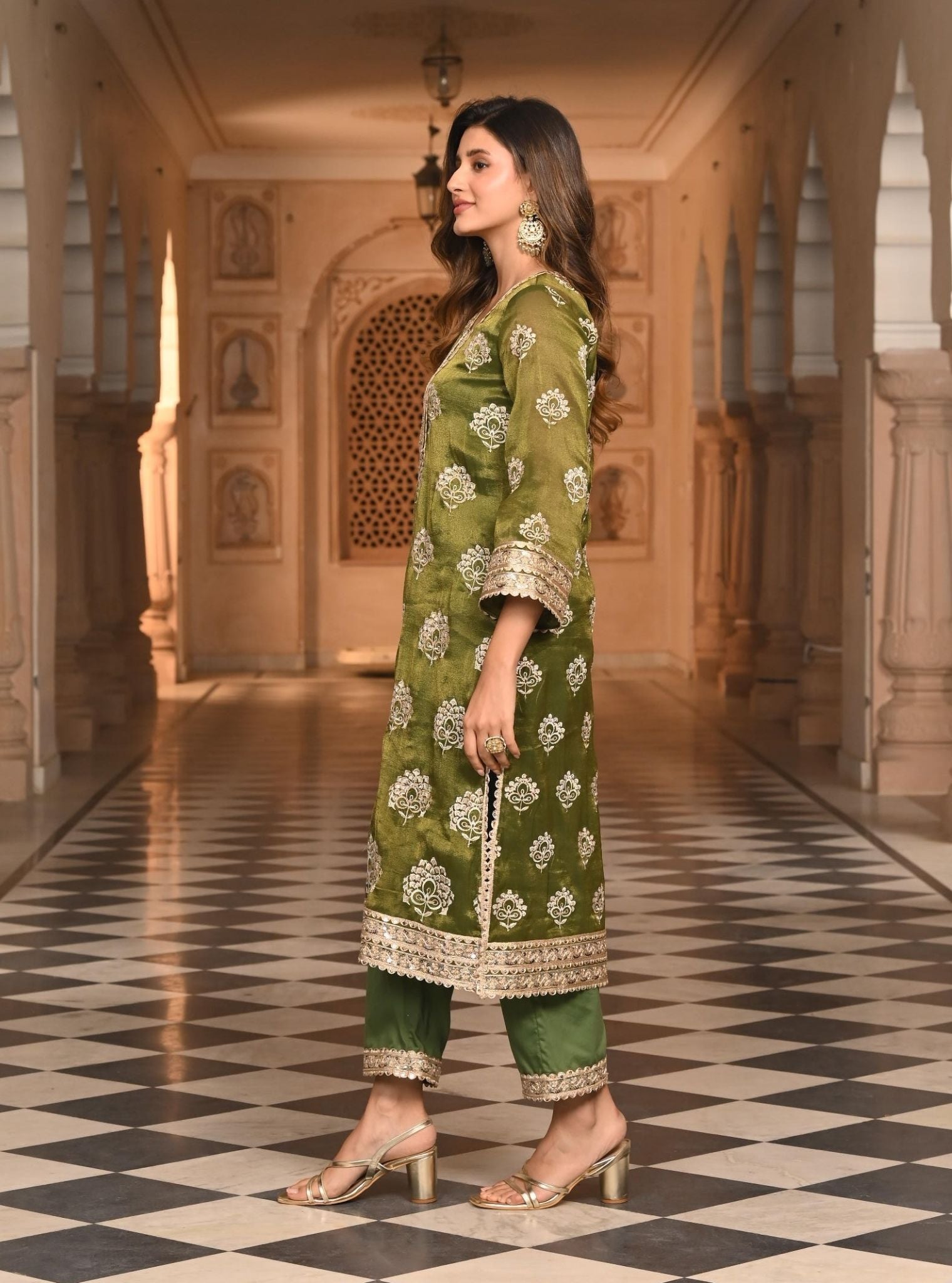 Kasuri Luxe Tissue Moss Green Kurta Set