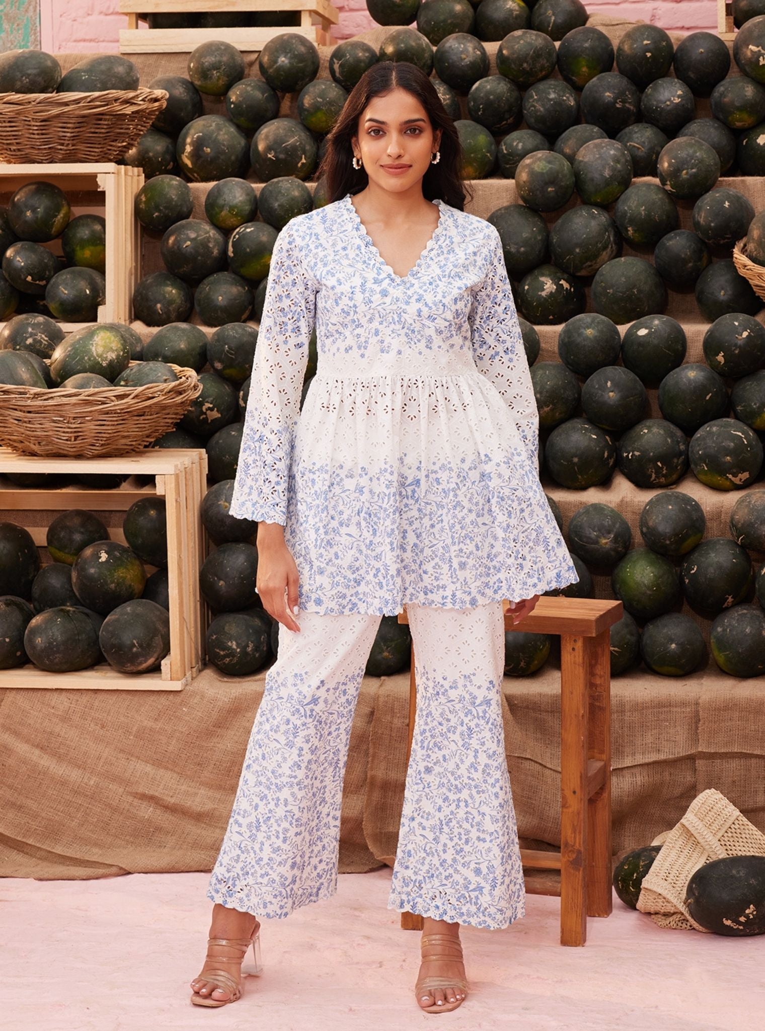 Frida Supima Cotton White Blue Print Co-ord Set