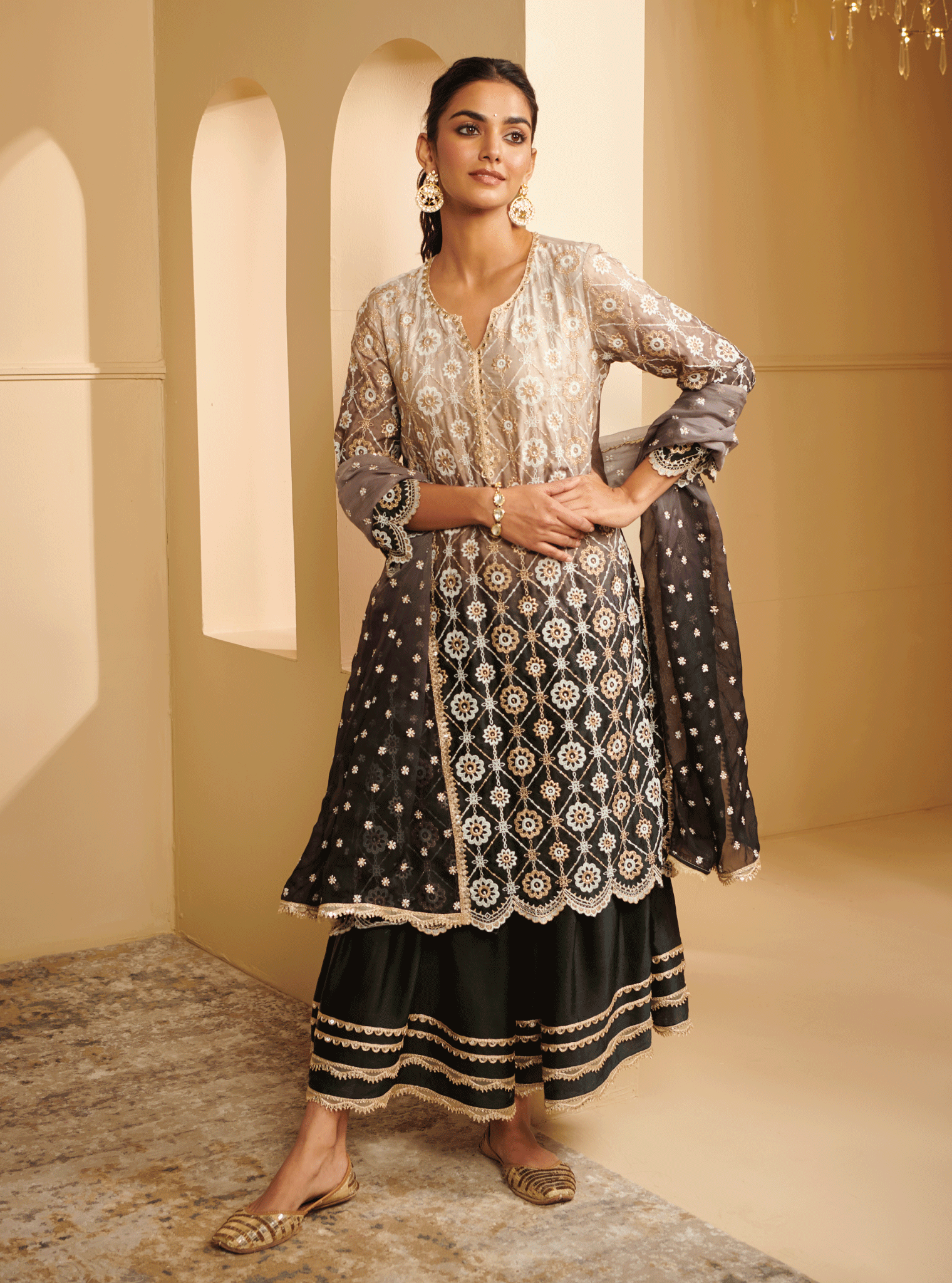 Avisa Cupro Silk Black Kurta with Skirt Set