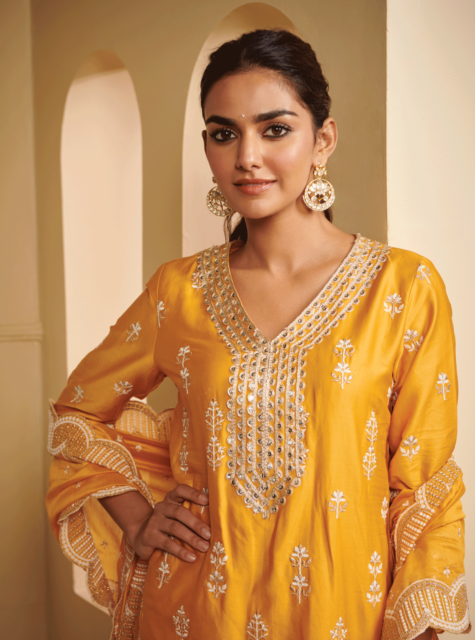 Avathi Pima Satin Yellow Kurta with Garara Set