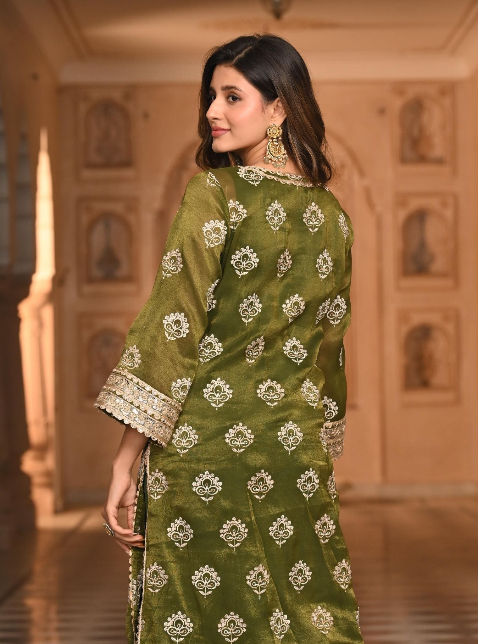 Kasuri Luxe Tissue Moss Green Kurta Set