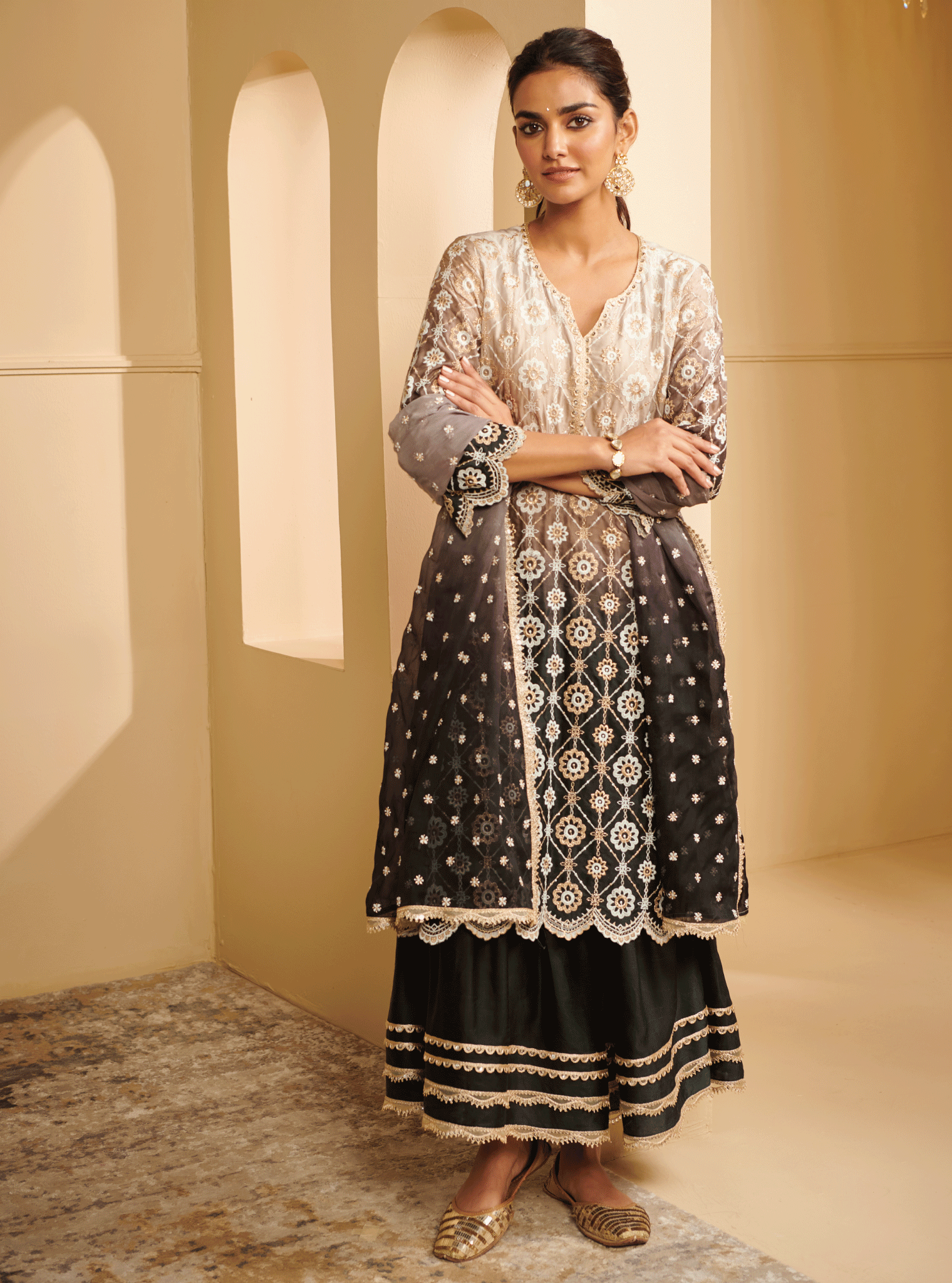 Avisa Cupro Silk Black Kurta with Skirt Set