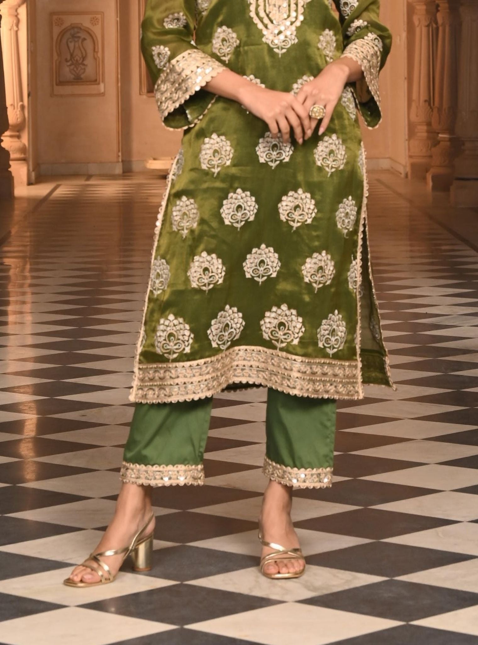 Kasuri Luxe Tissue Moss Green Kurta Set