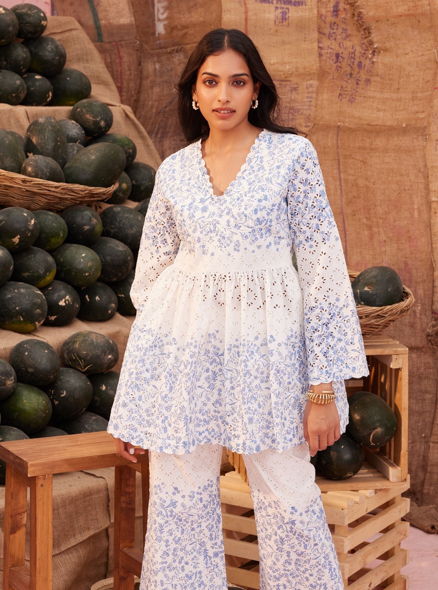 Frida Supima Cotton White Blue Print Co-ord Set