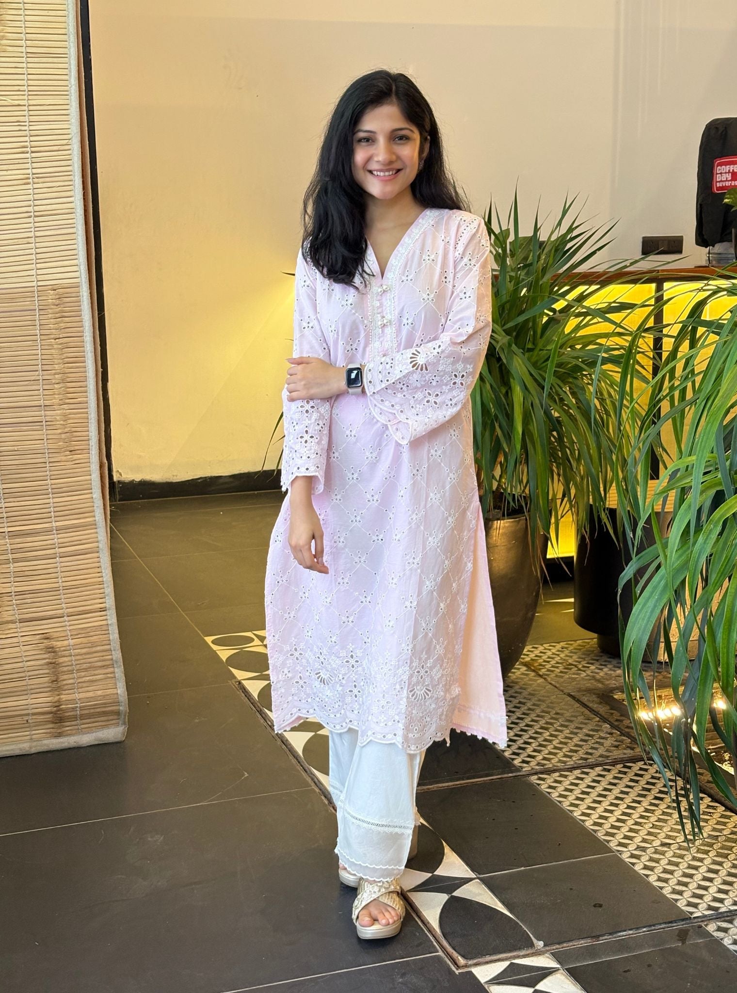 Perth Supima Cotton Pink Kurta with Saanjh White Pant Set